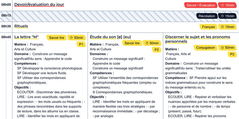Exemple du journal de classe pour triple niveau P1 P2 P3
