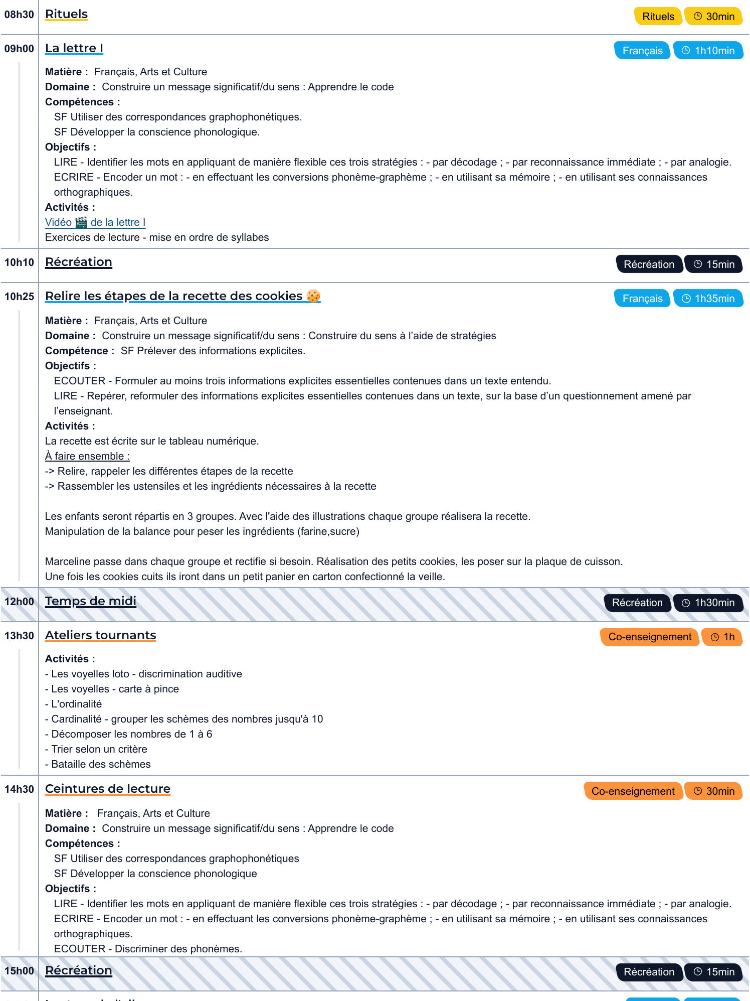 Exemple d'un journal de classe pour une classe de P1