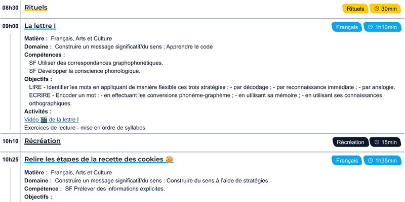 Exemple d'un journal de classe pour une classe de P1