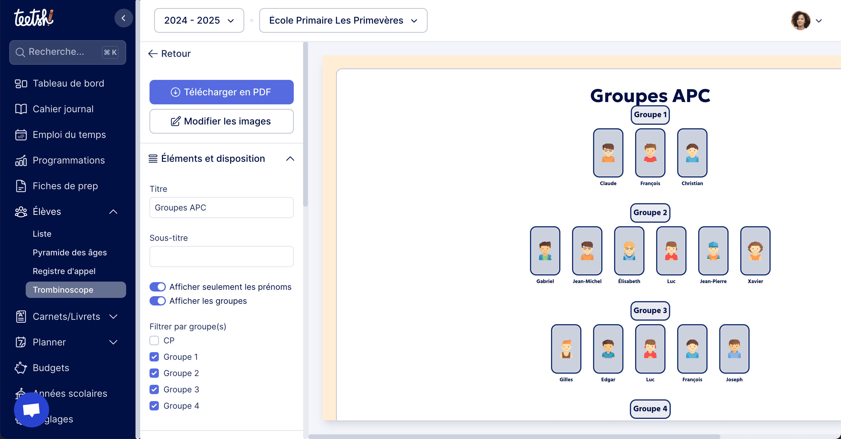 Aperçu Aperçu de l’option “Afficher les groupes” sur le Trombinoscope
