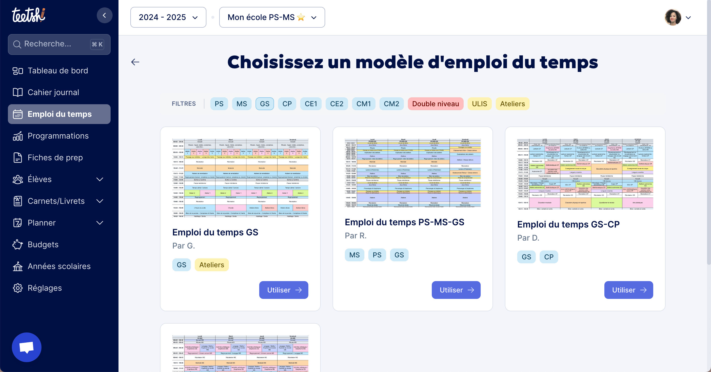 Aperçu Choisir un modèle d'emploi du temps