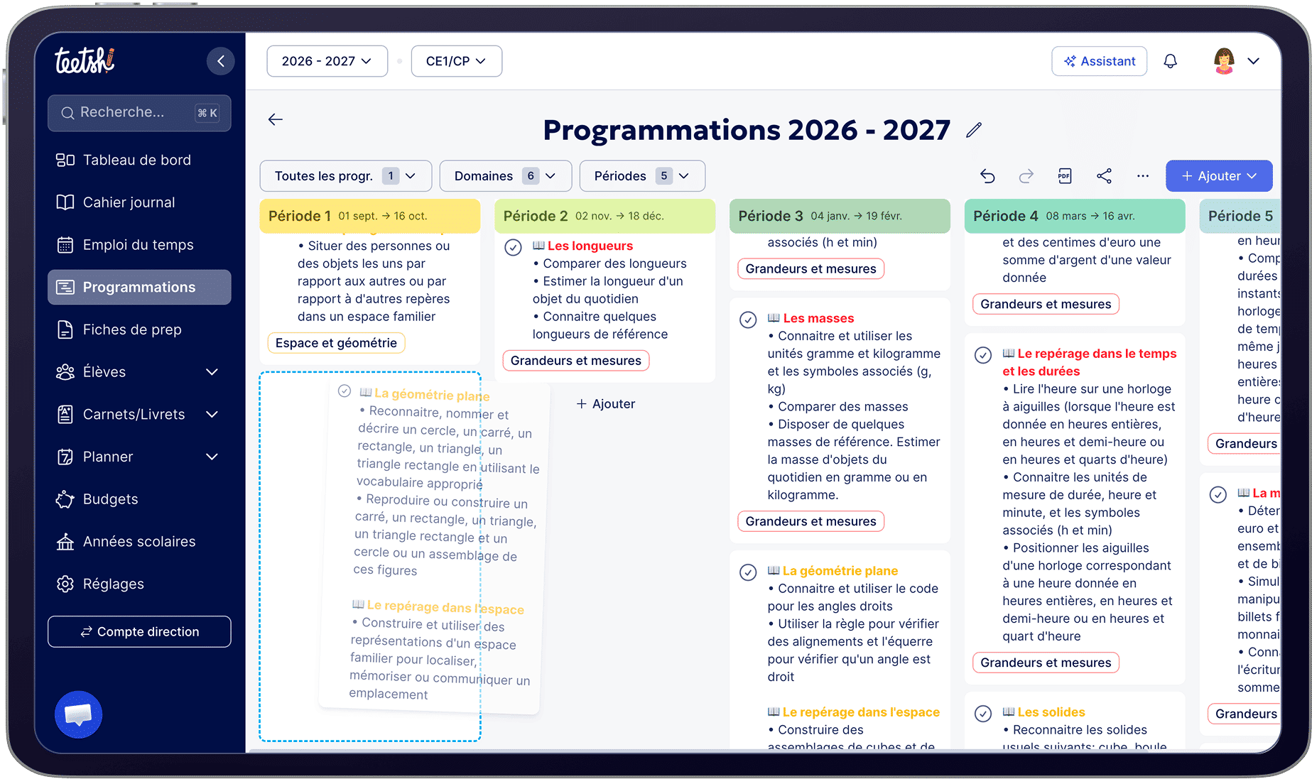 Aperçu - Glisser-déposer éléments de programmation et progression - Teetsh