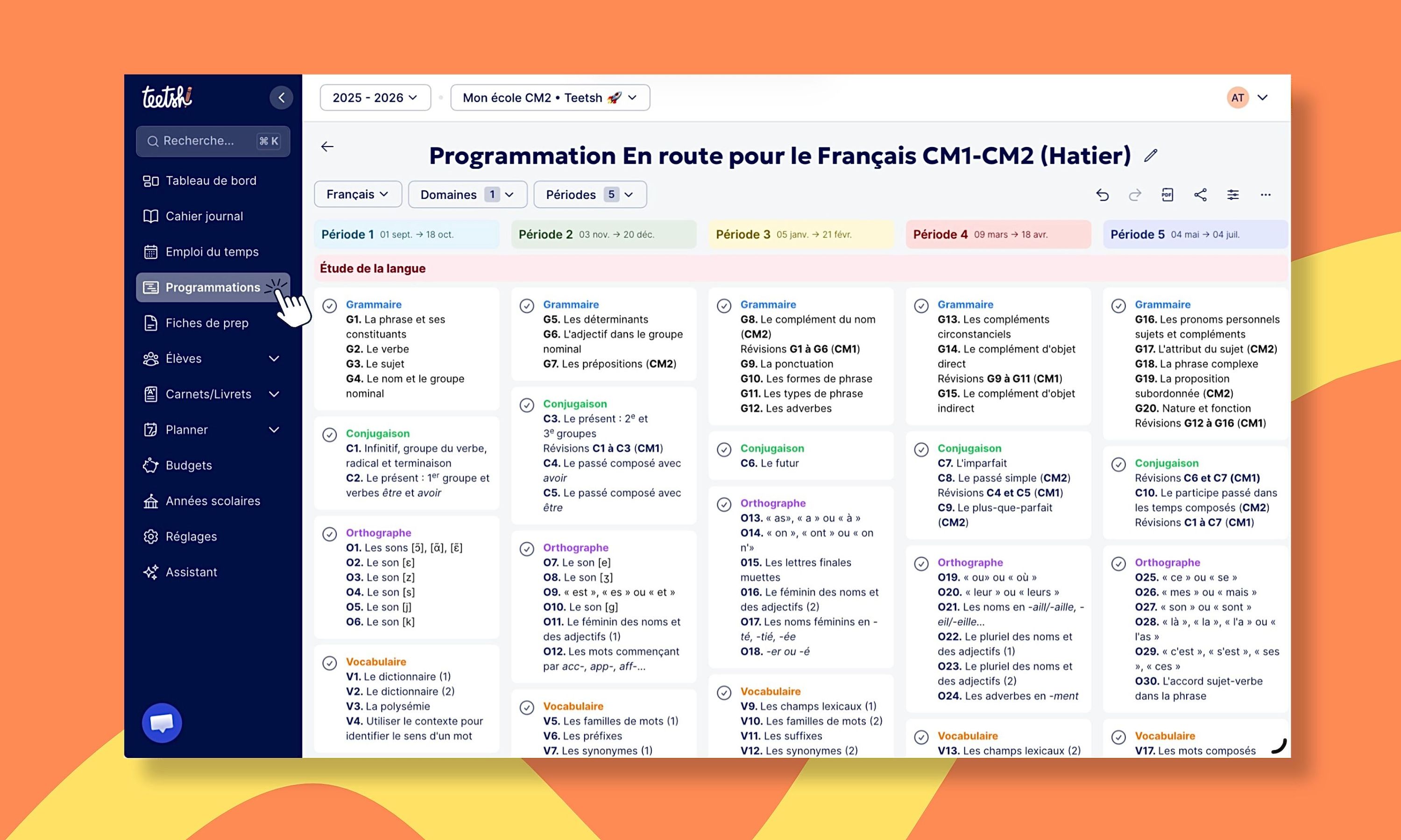 Programmation annuelle d'un enseignant du primaire répartie sur les 5 périodes