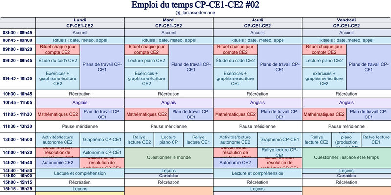 Modèle d'emploi du temps CP-CE1-CE2 #2- aperçu