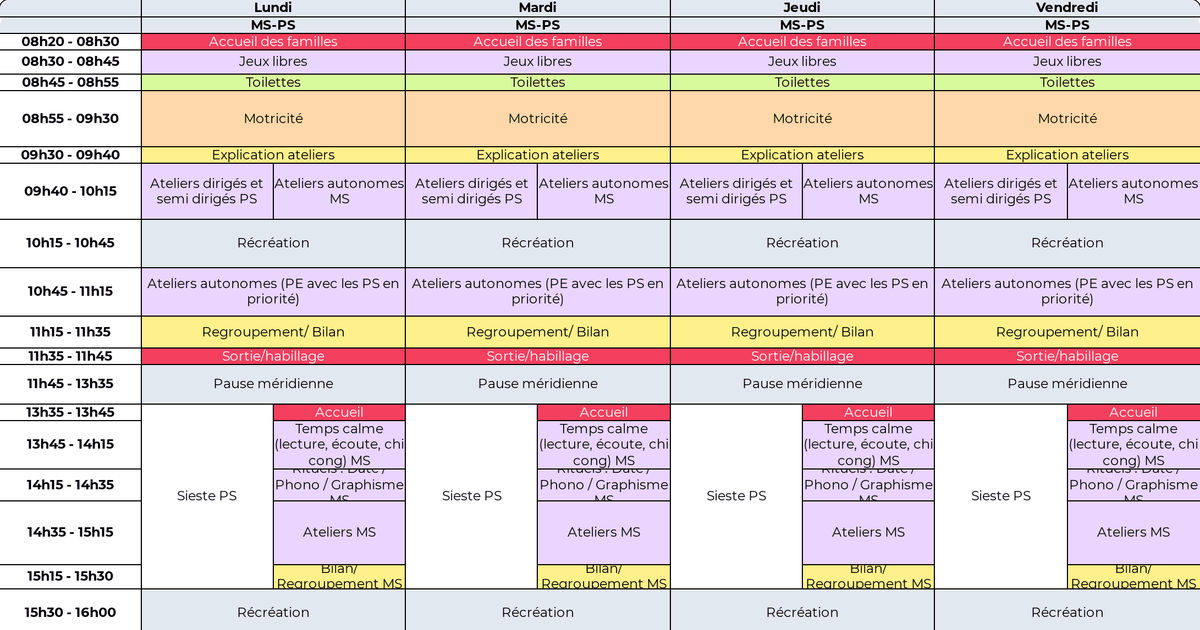 Exemples emploi du temps PS/MS - Cycle 1 - Teetsh