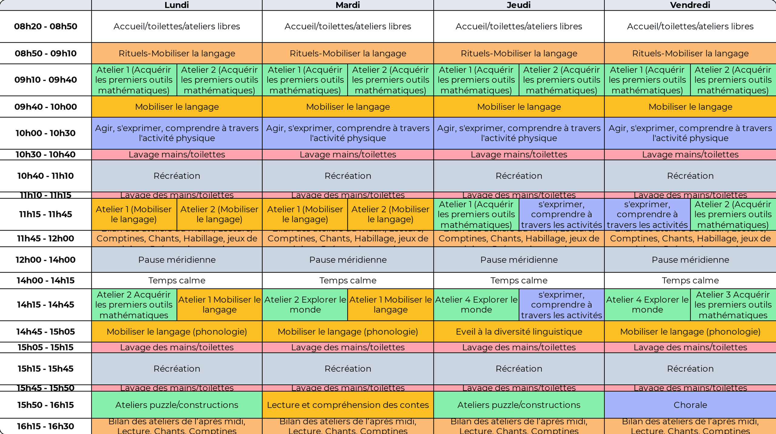 Emploi du temps MS 4 jours avec ateliers - Cycle 1 - Teetsh