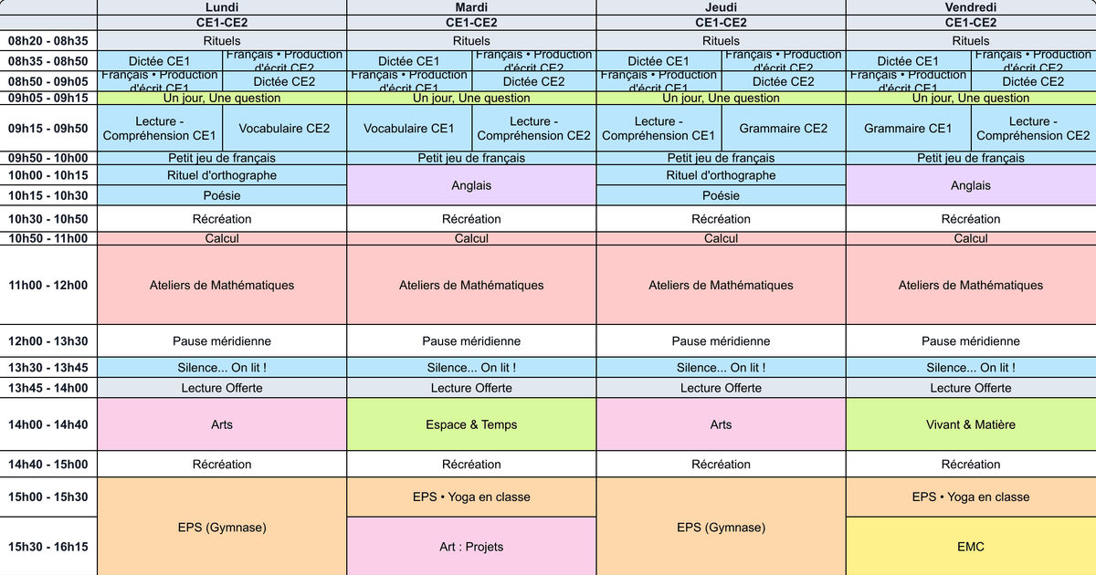 Emploi du temps CE1 CE2 - Cycle 2 - Teetsh