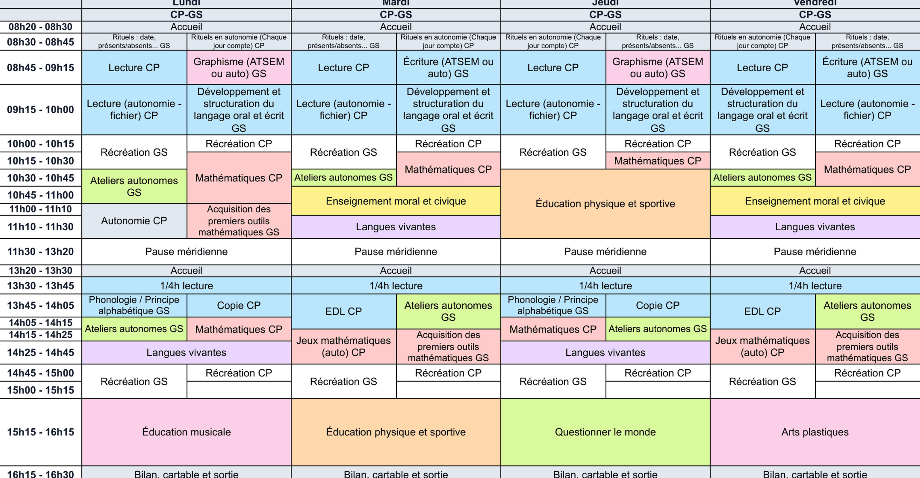 Emploi du temps GS-CP - Cycle 1 - Cycle 2 - Teetsh