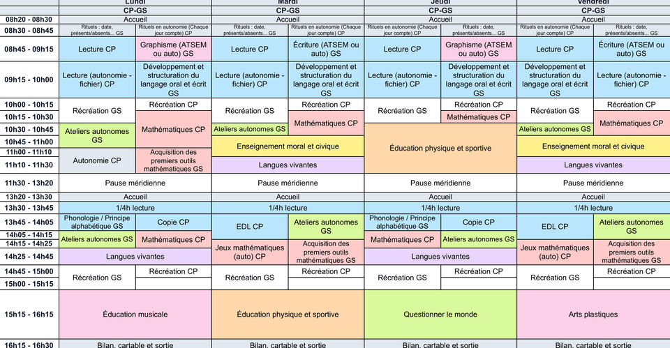 Emploi du temps GS-CP - Cycle 1 - Cycle 2 - Teetsh