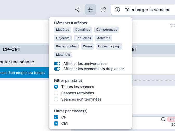 Configurer les éléments à afficher dans la vue cahier journal