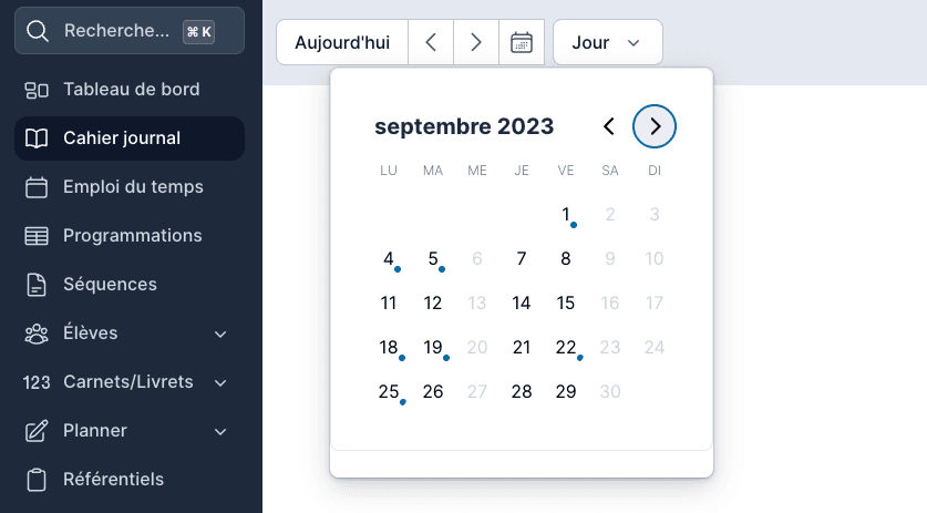 Naviguer dans le calendrier du cahier journal