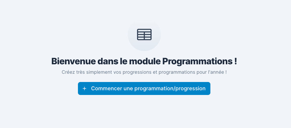 Écran de bienvenue du module programmation