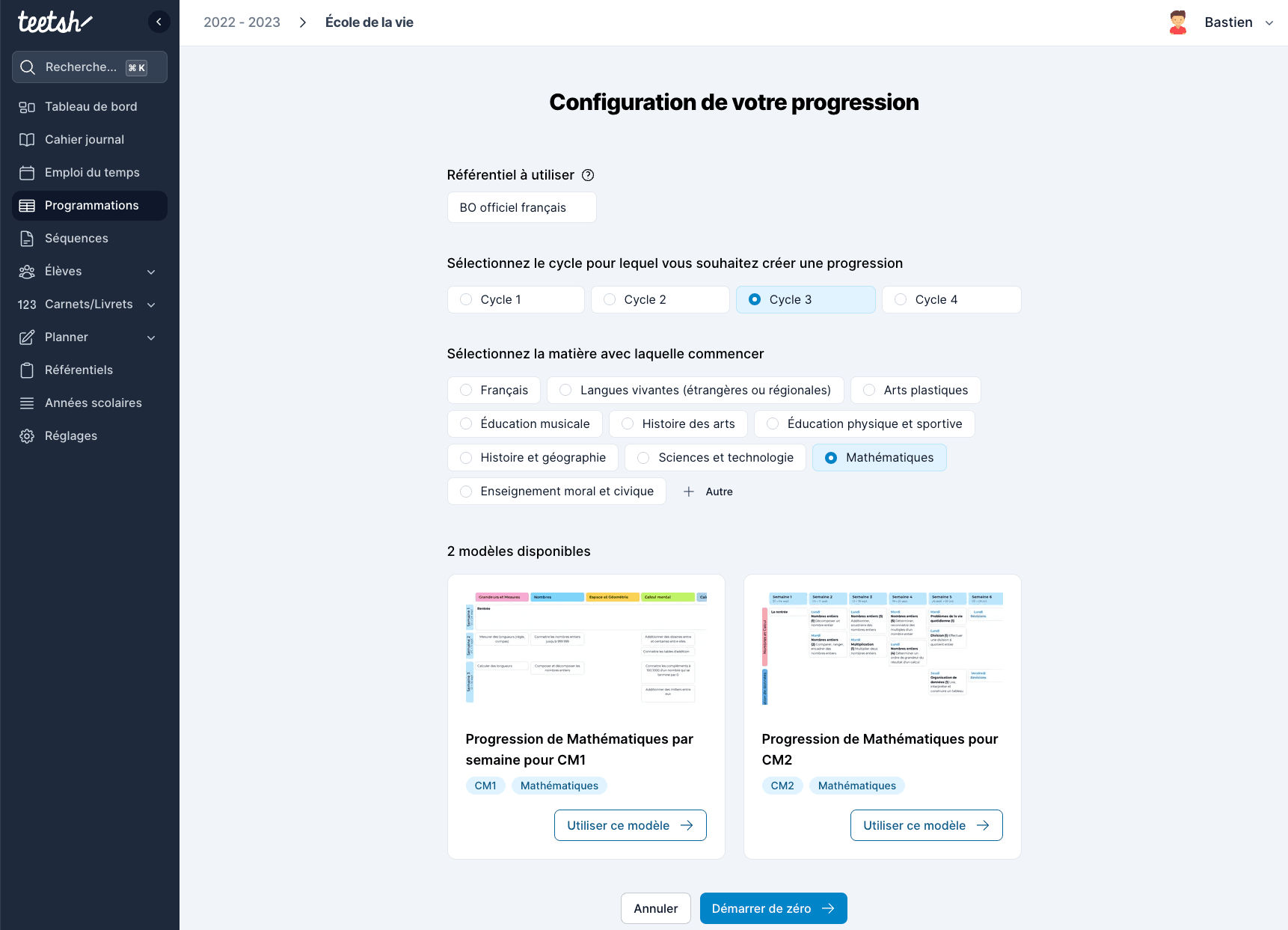 Écran de création de programmation