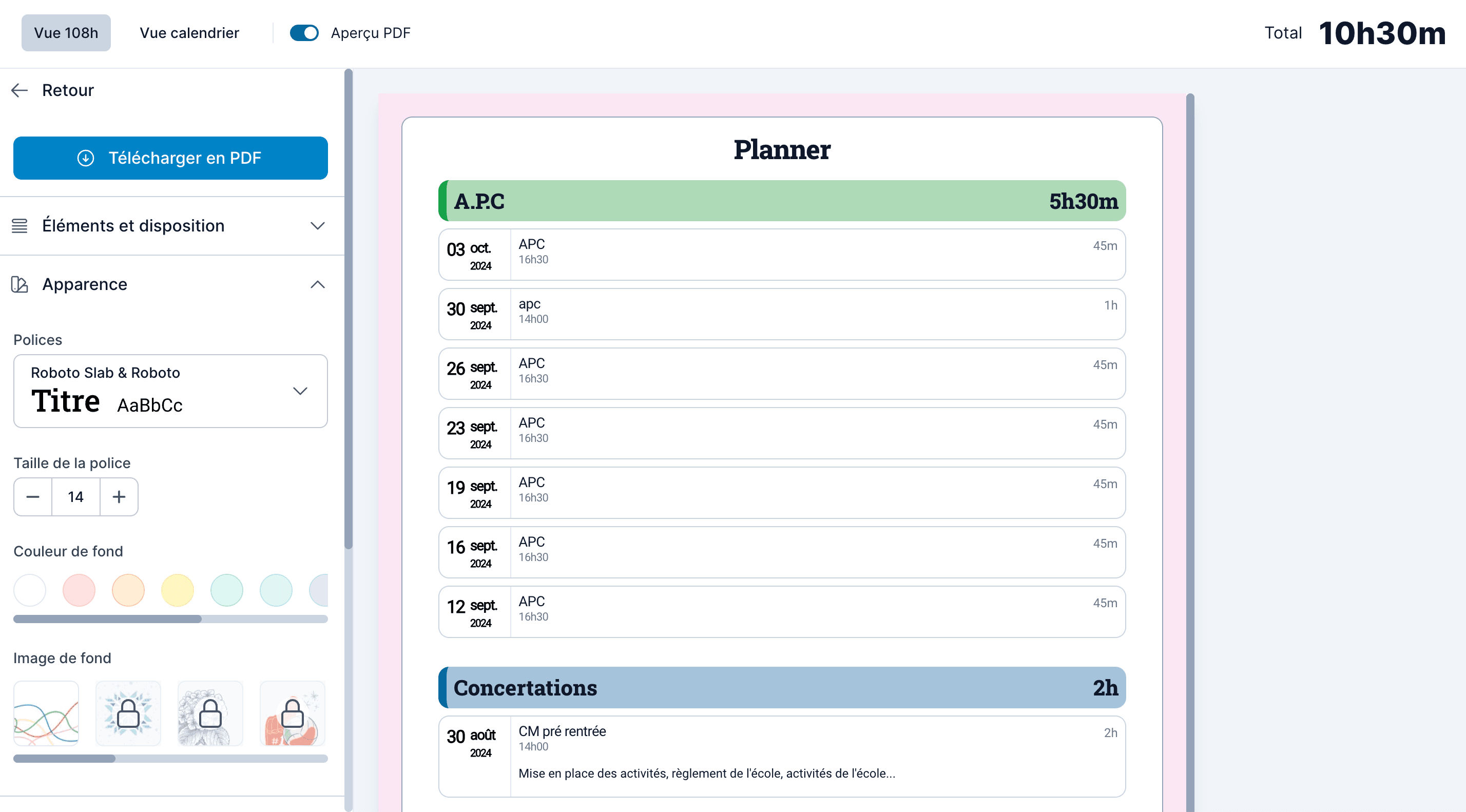 Aperçu et téléchargement du planner en PDF