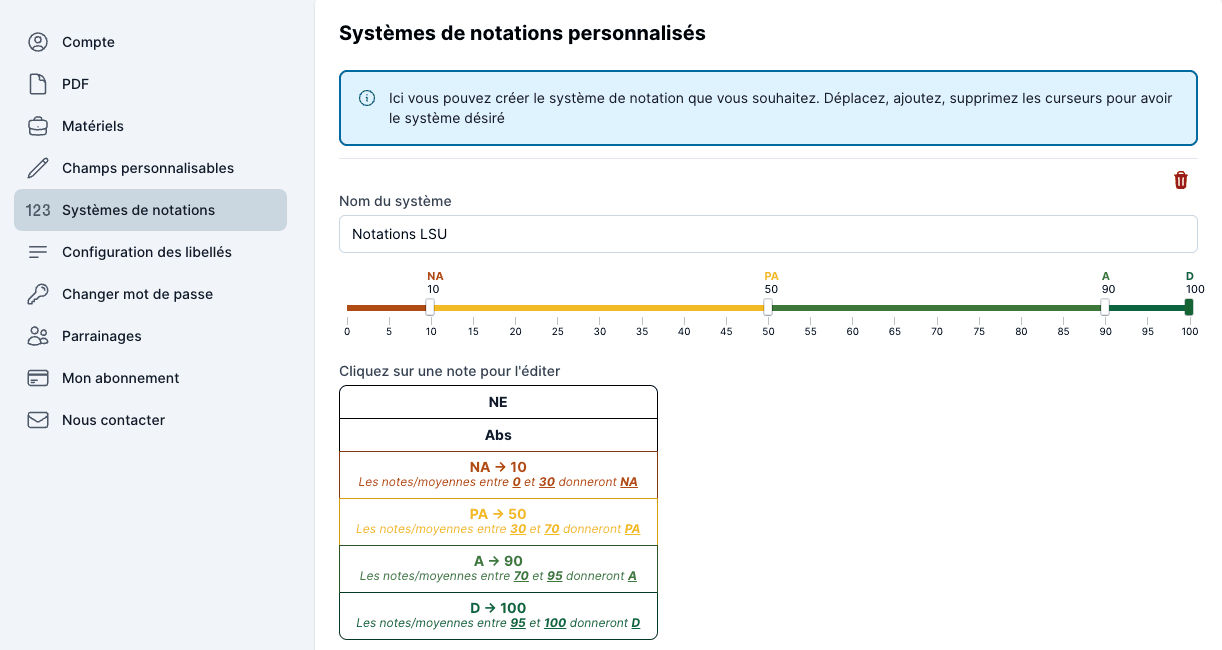 Personnaliser le système de notation des évaluations