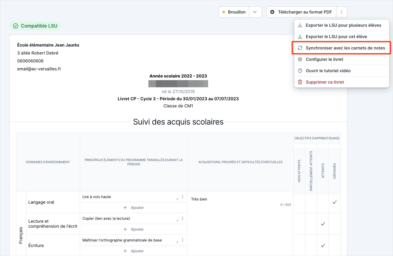 Menu du livret : synchroniser avec le carnet de notes