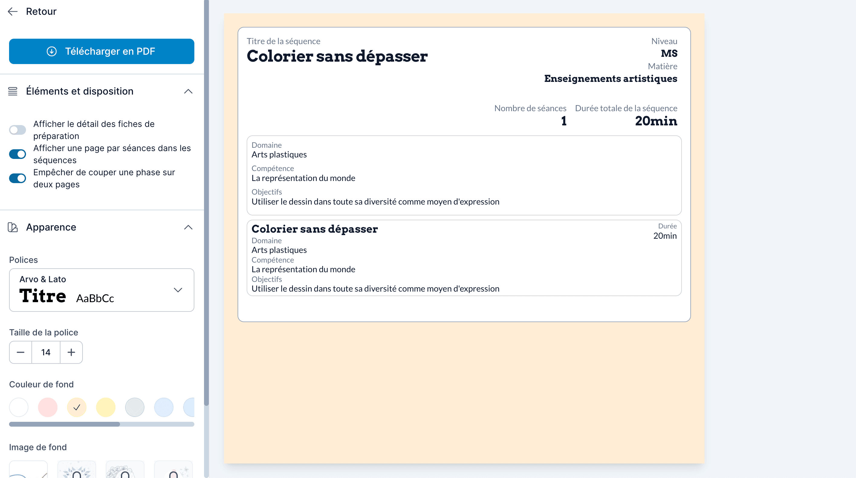 Aperçu et téléchargement de séquence ou fiche de prep en PDF, configuration des éléments, de l