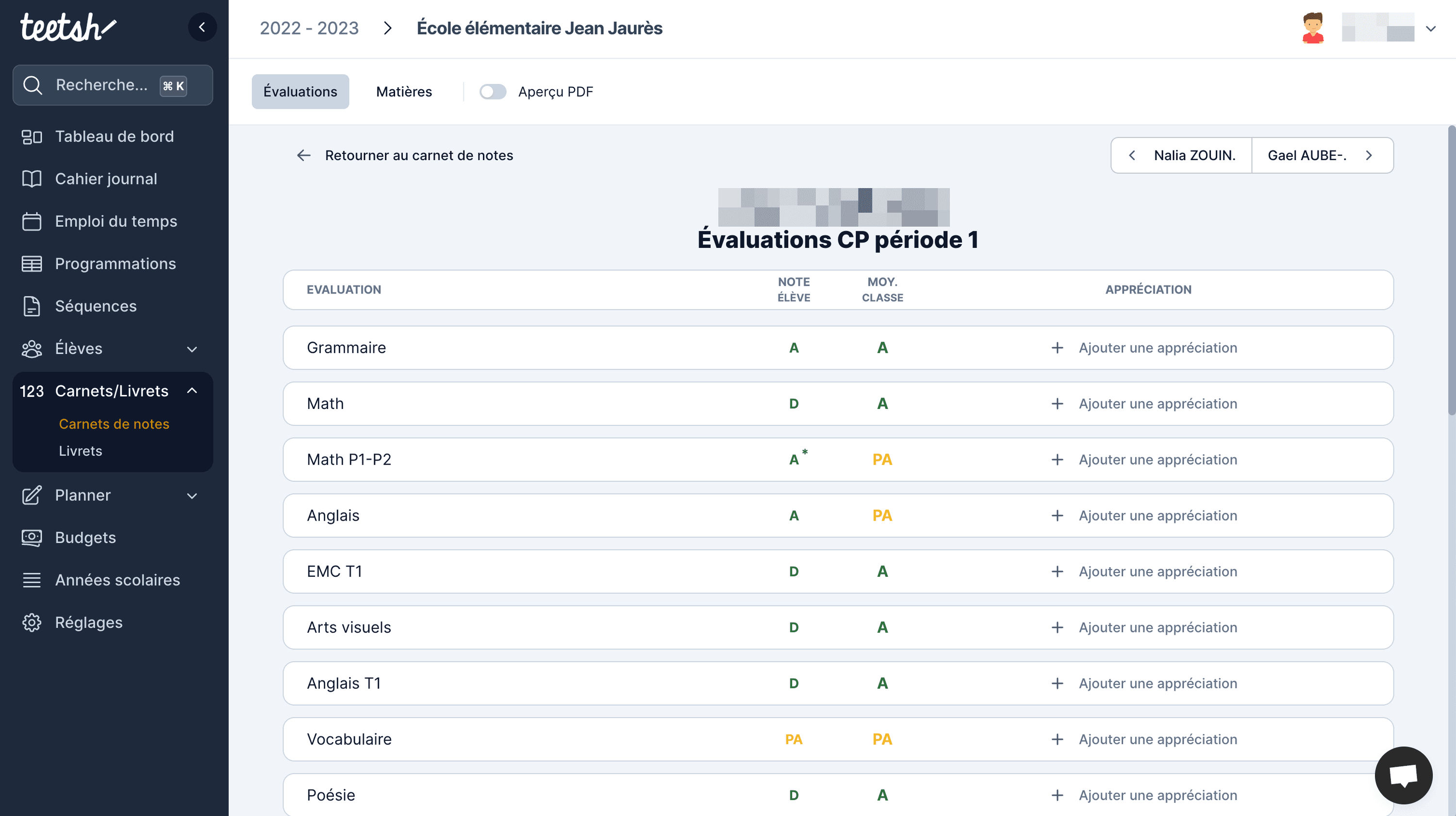 Vue "bulletin élève" du carnet de notes