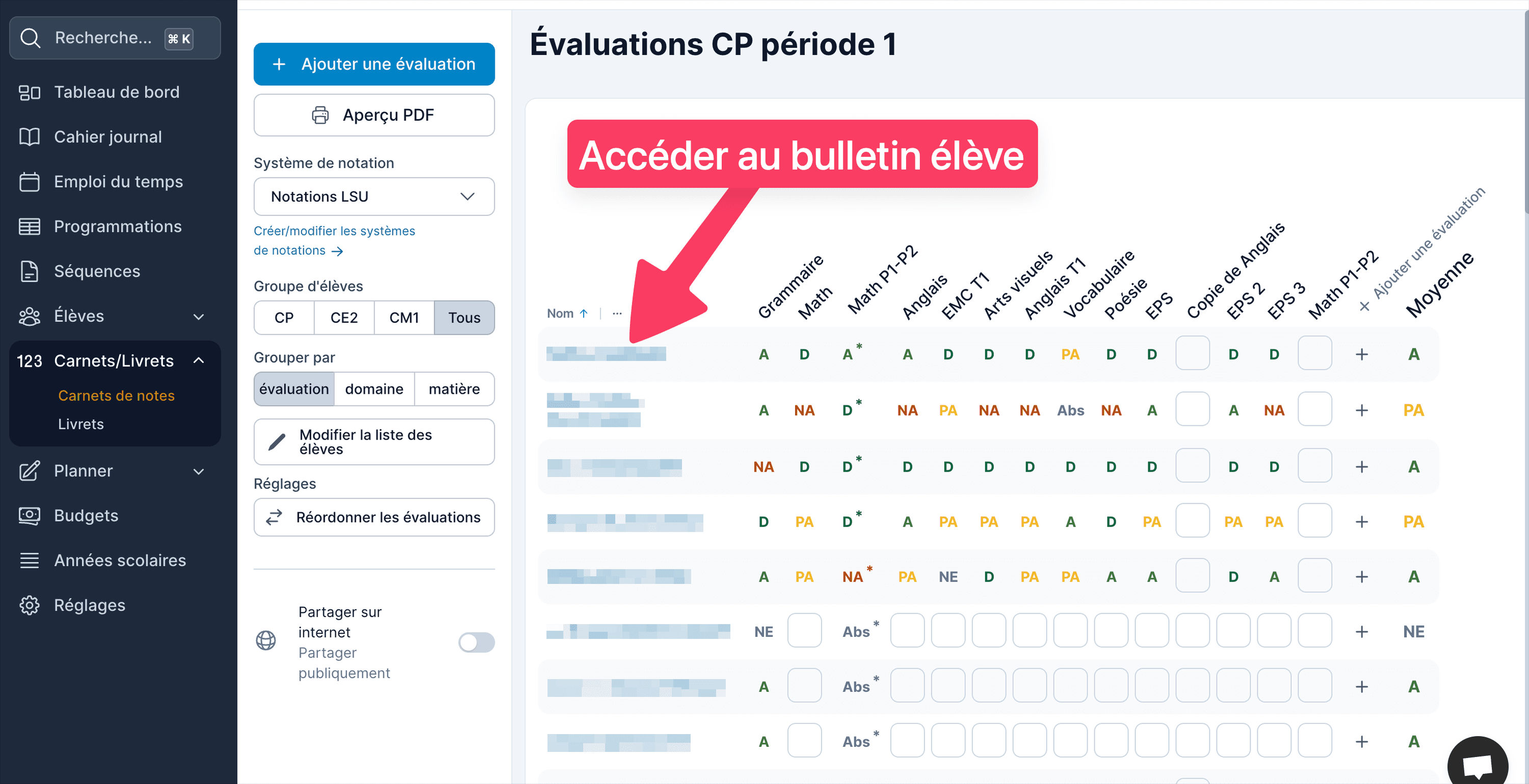 Accès au bulletin élève