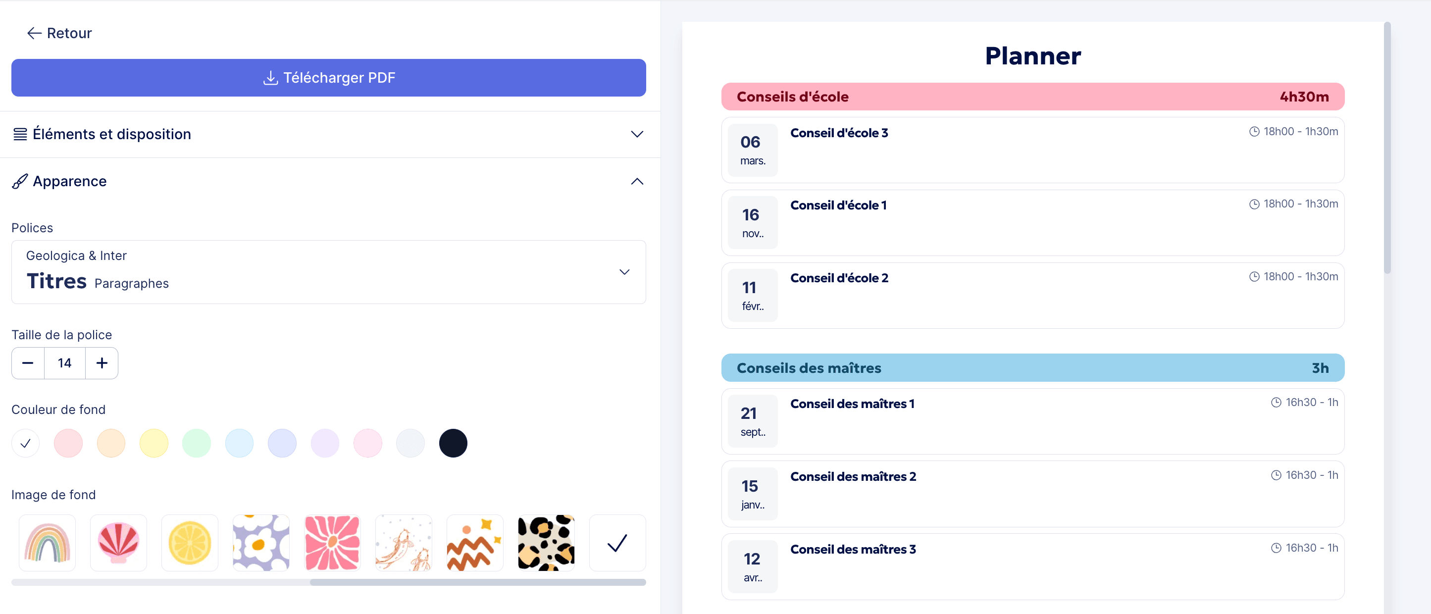 Aperçu et téléchargement du planner en PDF