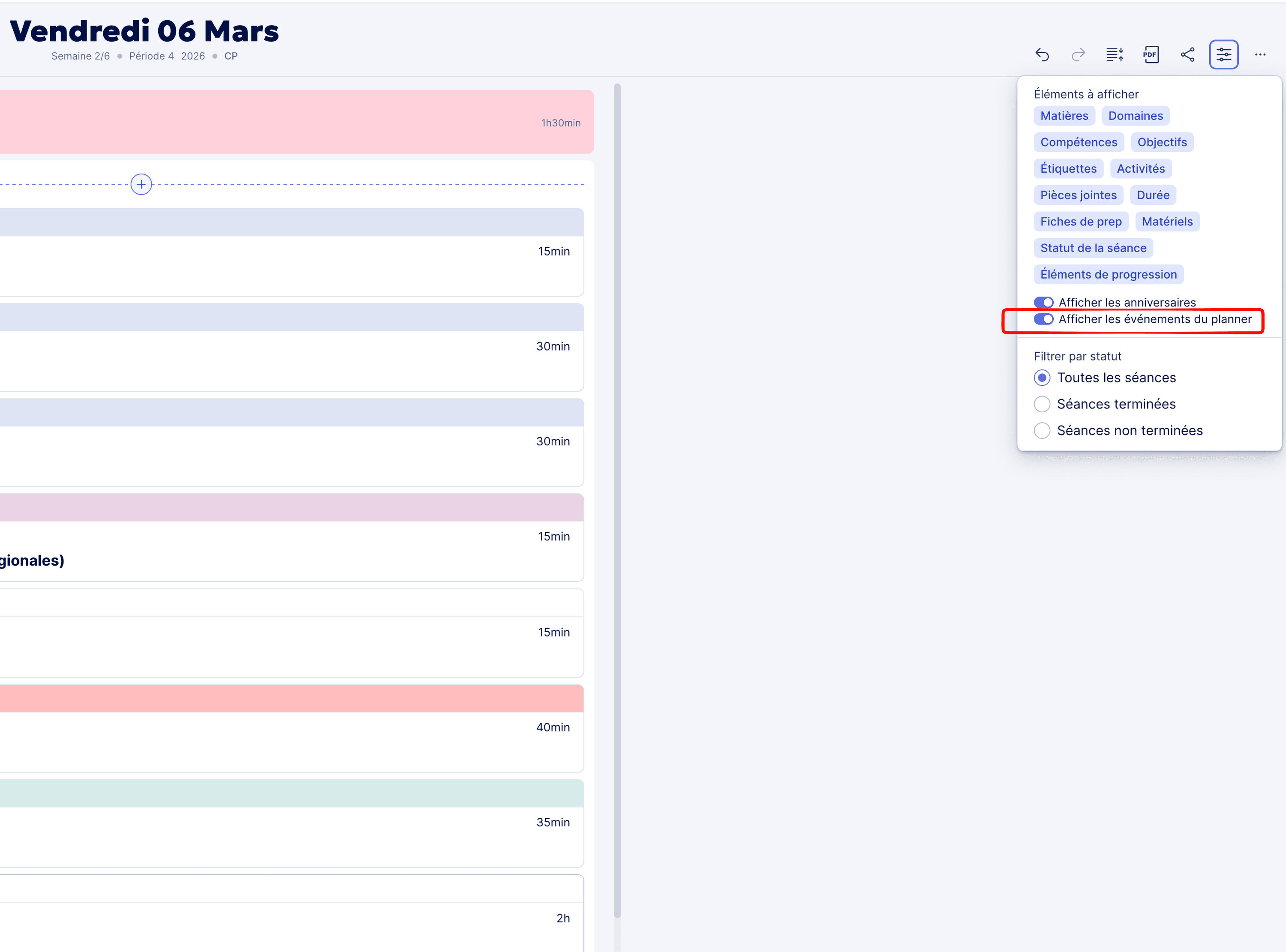 Afficher les évènements du Planner dans le Cahier Journal