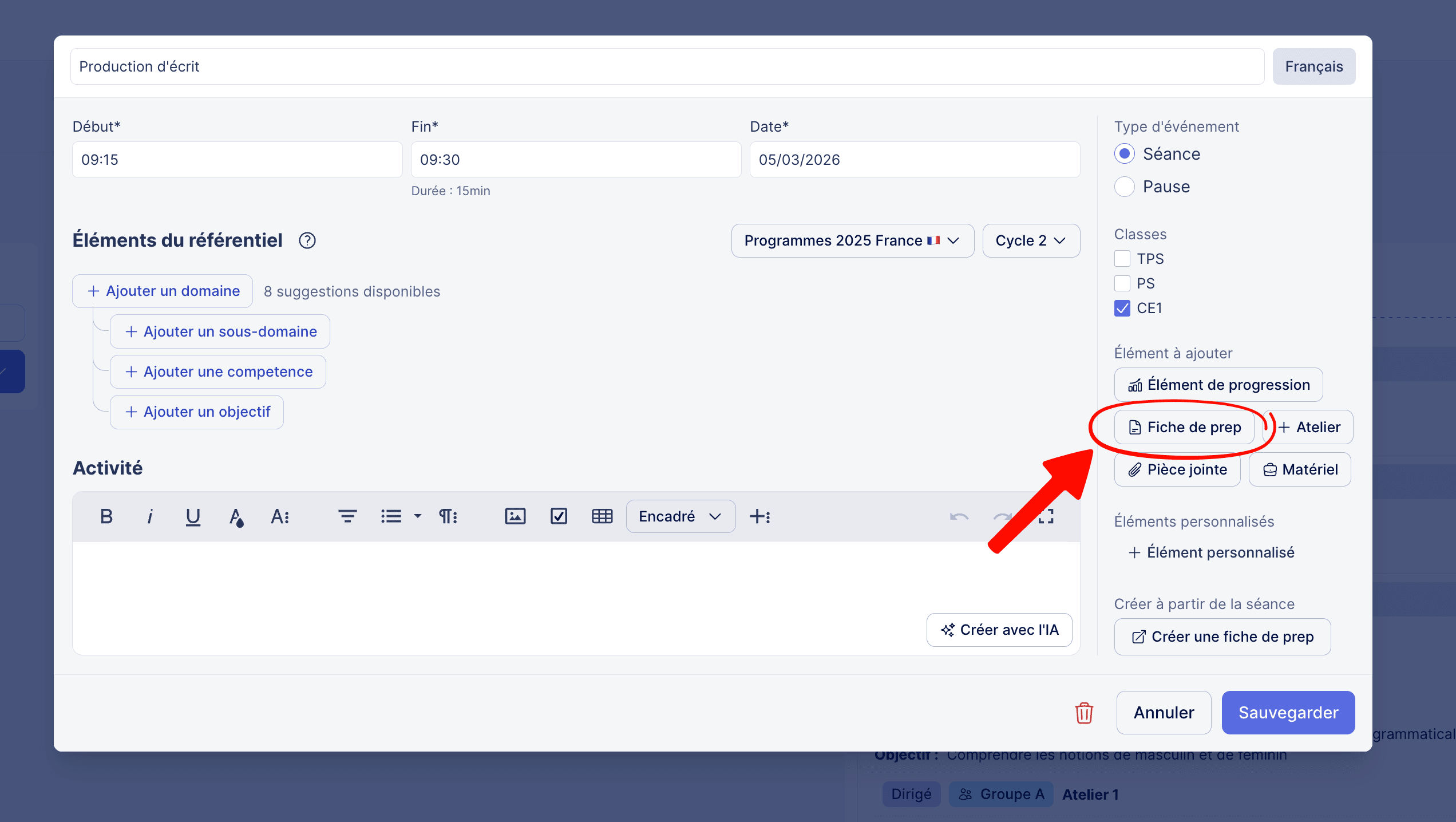 Lier une fiche de préparation au cahier journal
