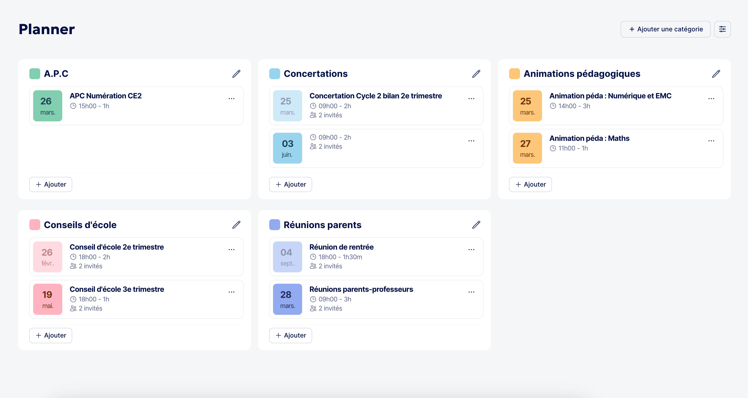 Vue des événements du planner