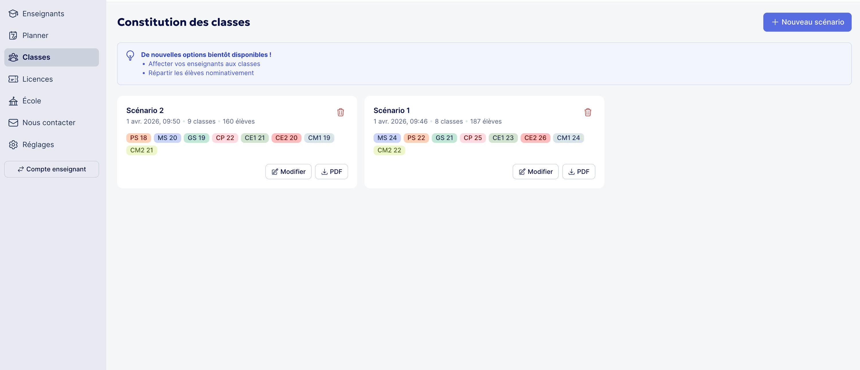 Vue des scénarios sauvegardés