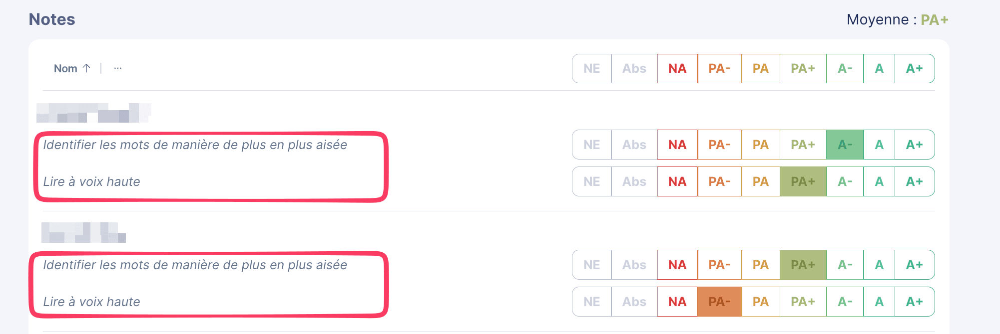 Options de notation d'une compétence