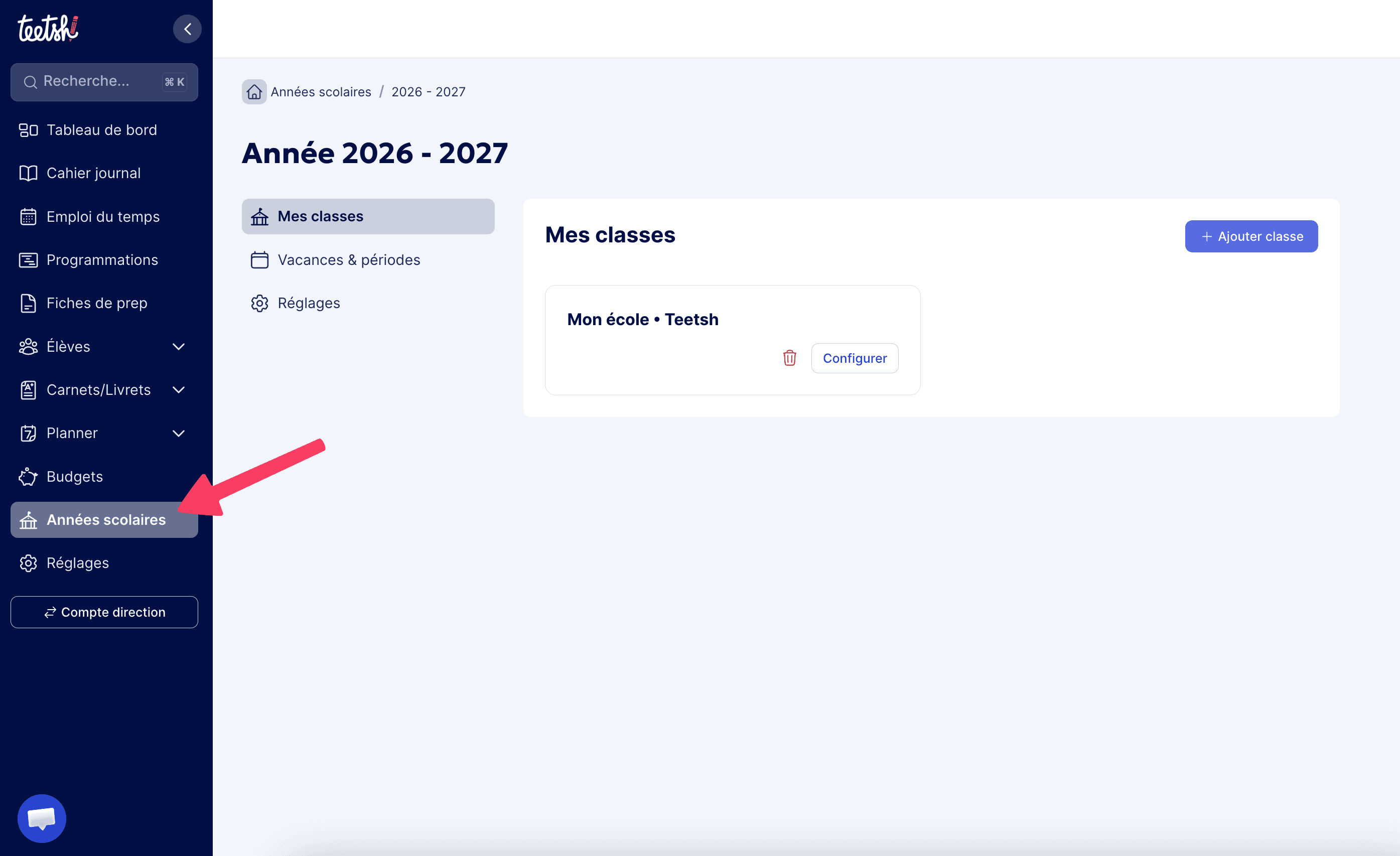 Accéder au menu 'Années scolaires'