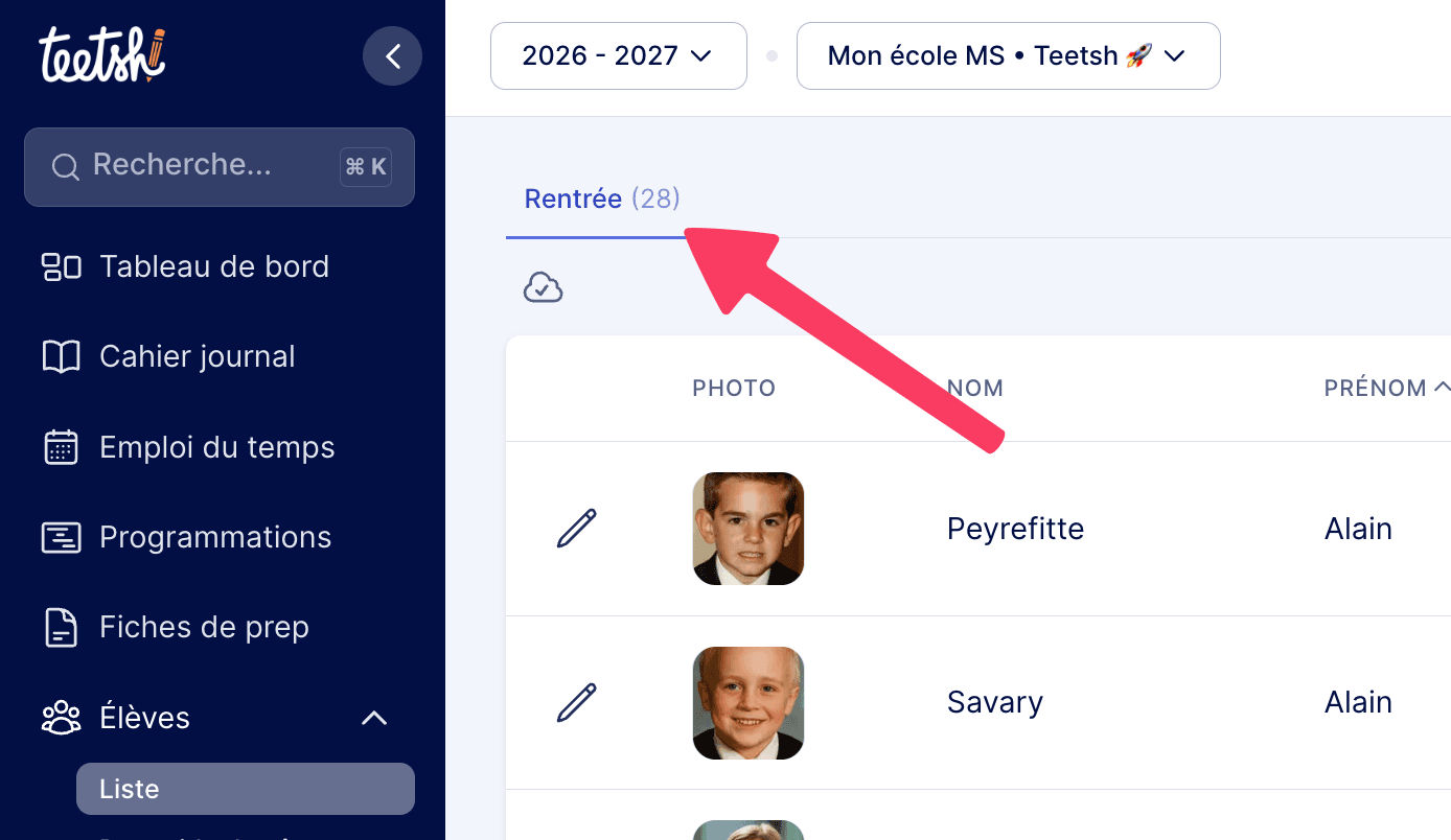 Nombre d'élèves sur la liste en cours