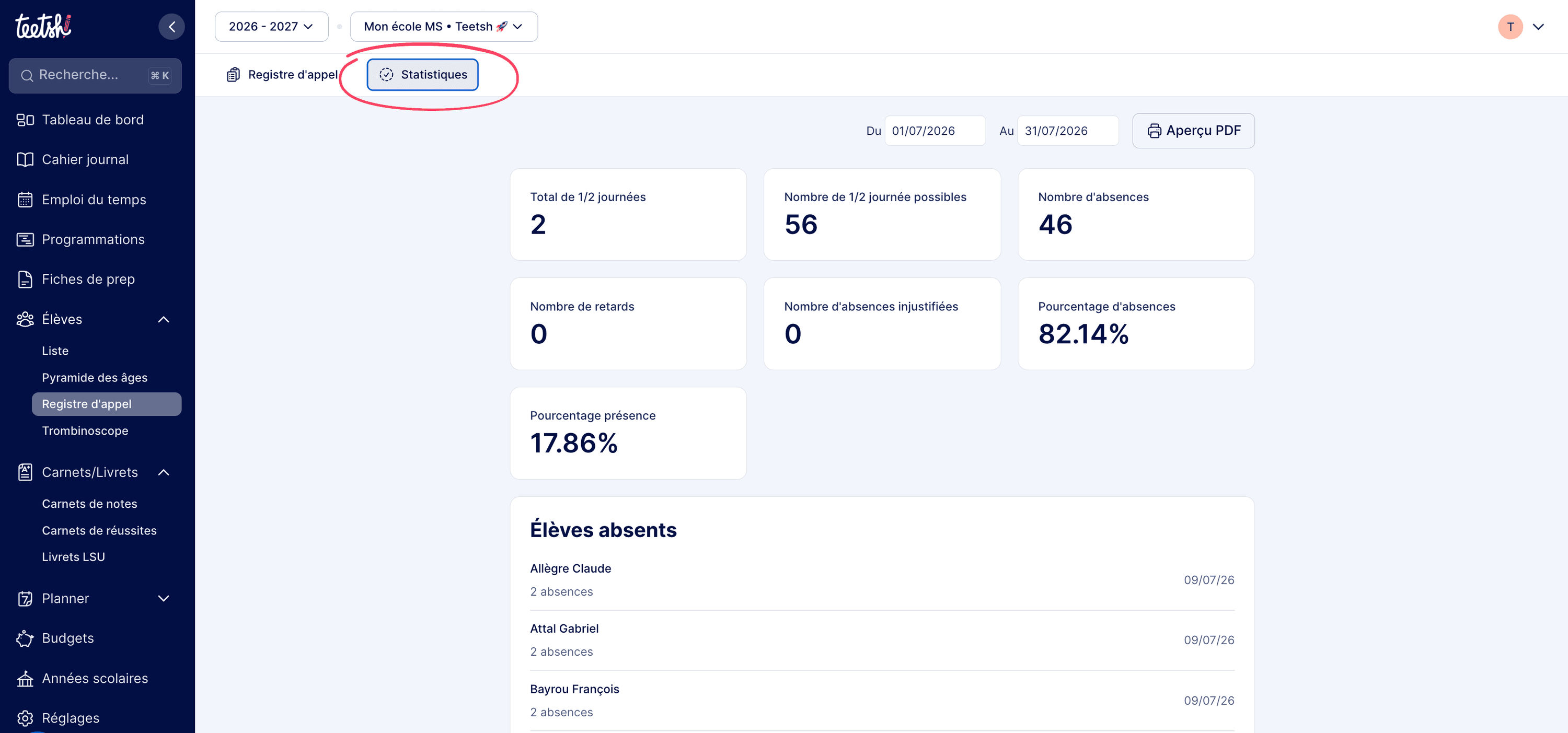 Consulter et télécharger les statistiques du registre d'appel