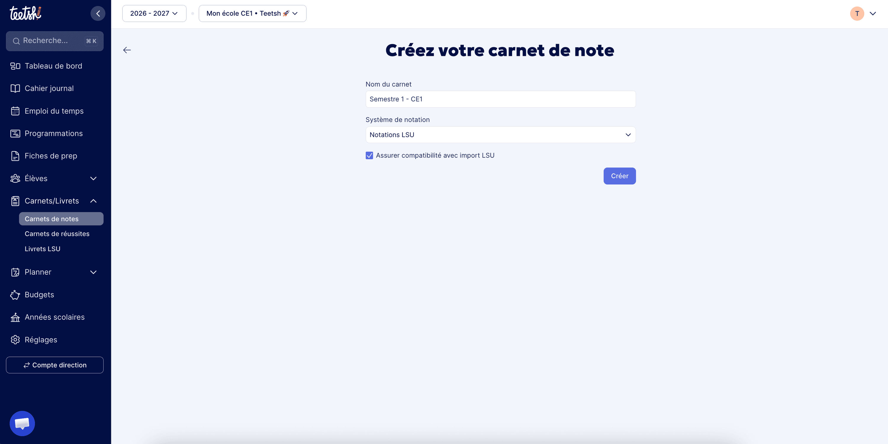 Écran de création d'un carnet de notes