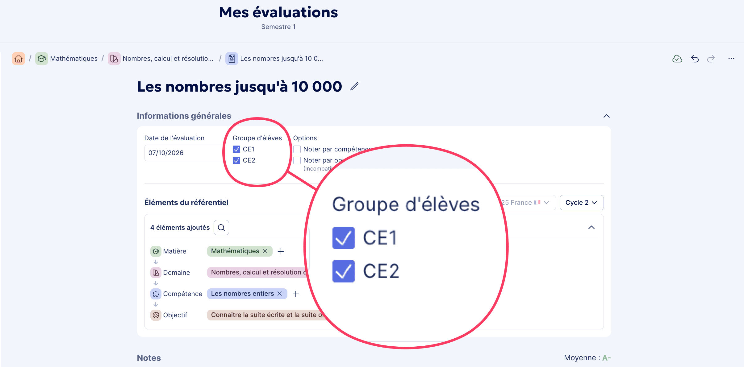 Noter une seule classe ou groupe d'élèves