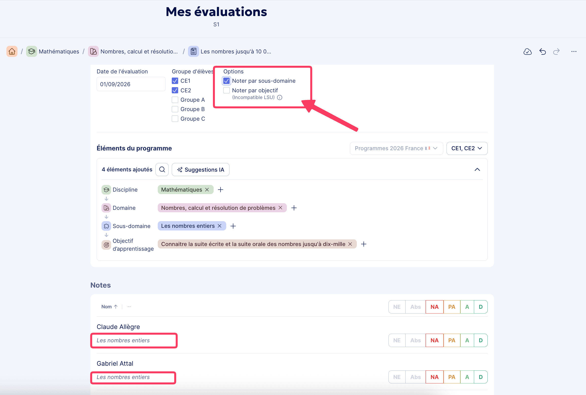 Noter par sous-domaine ou objectif