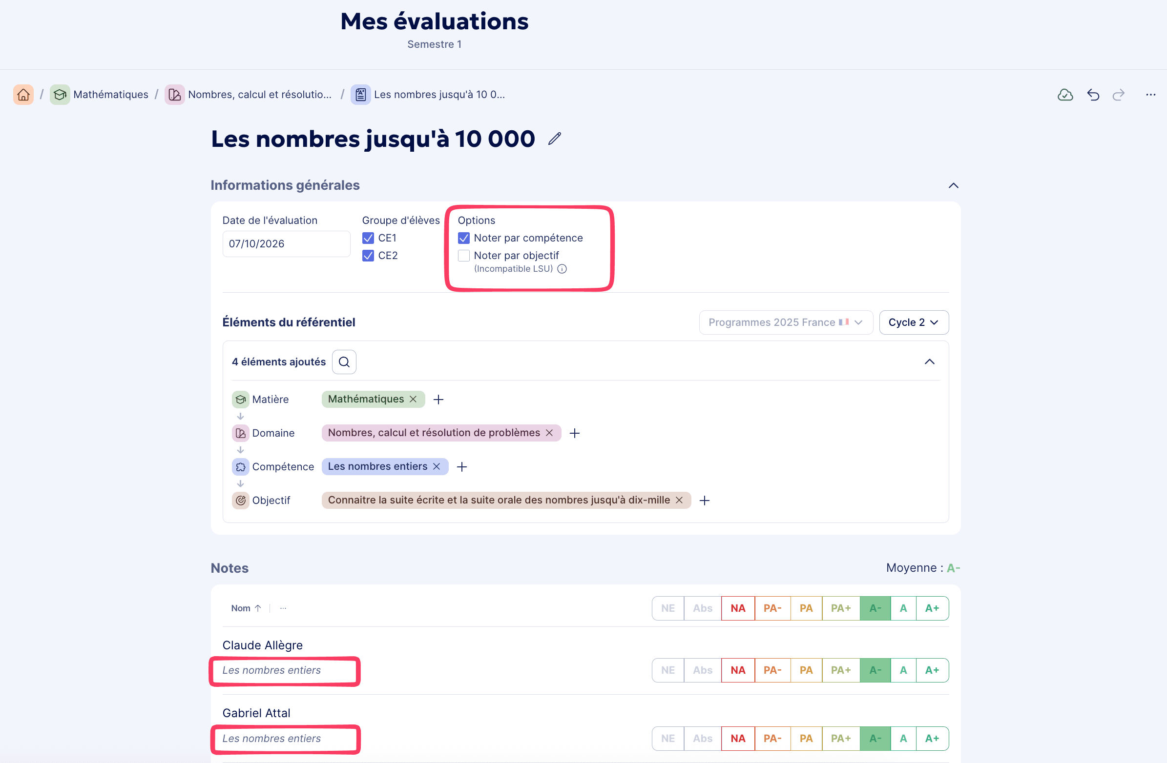 Noter par compétence ou objectif