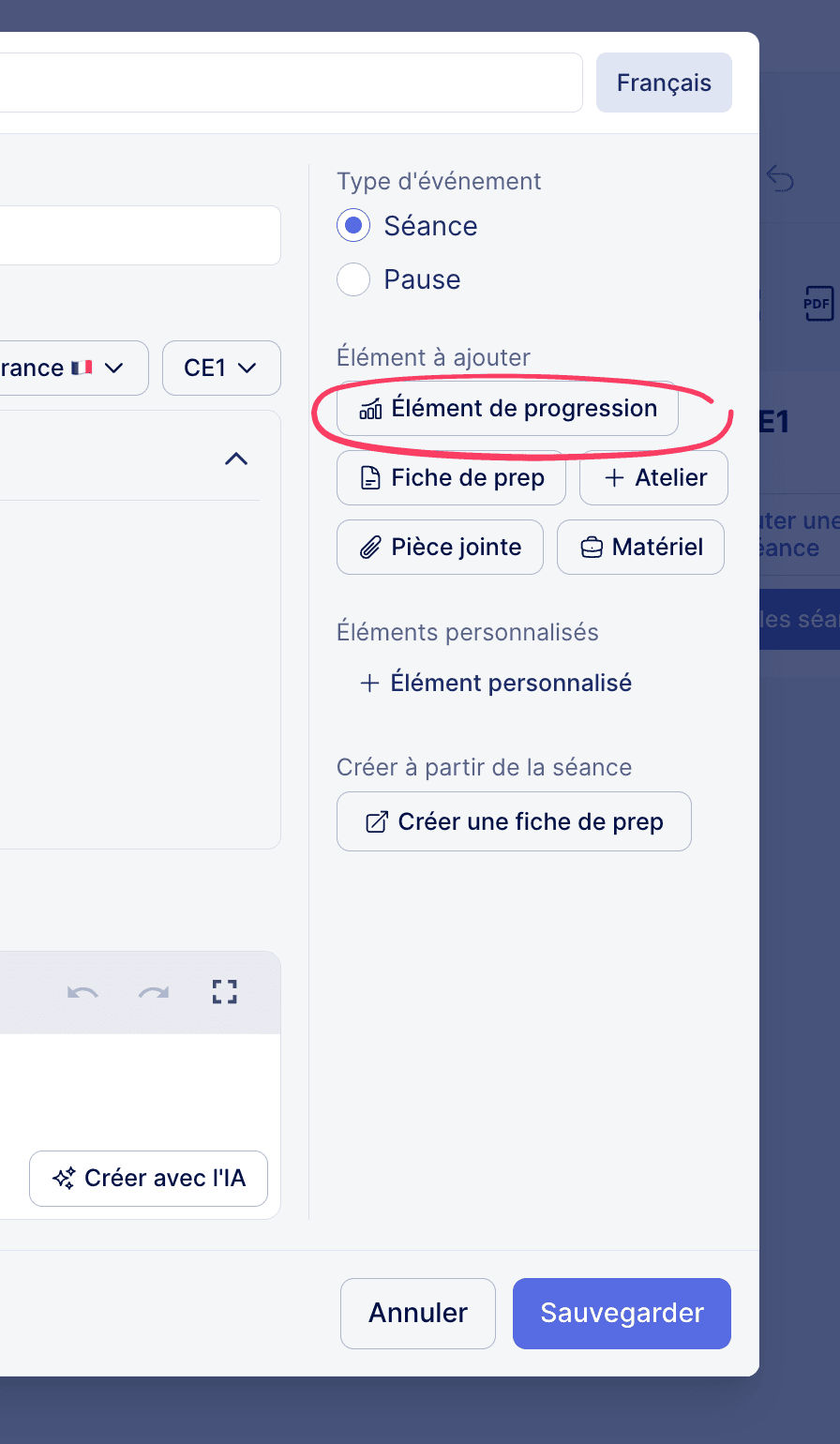 Option d'ajouter un élément de progression à une séance