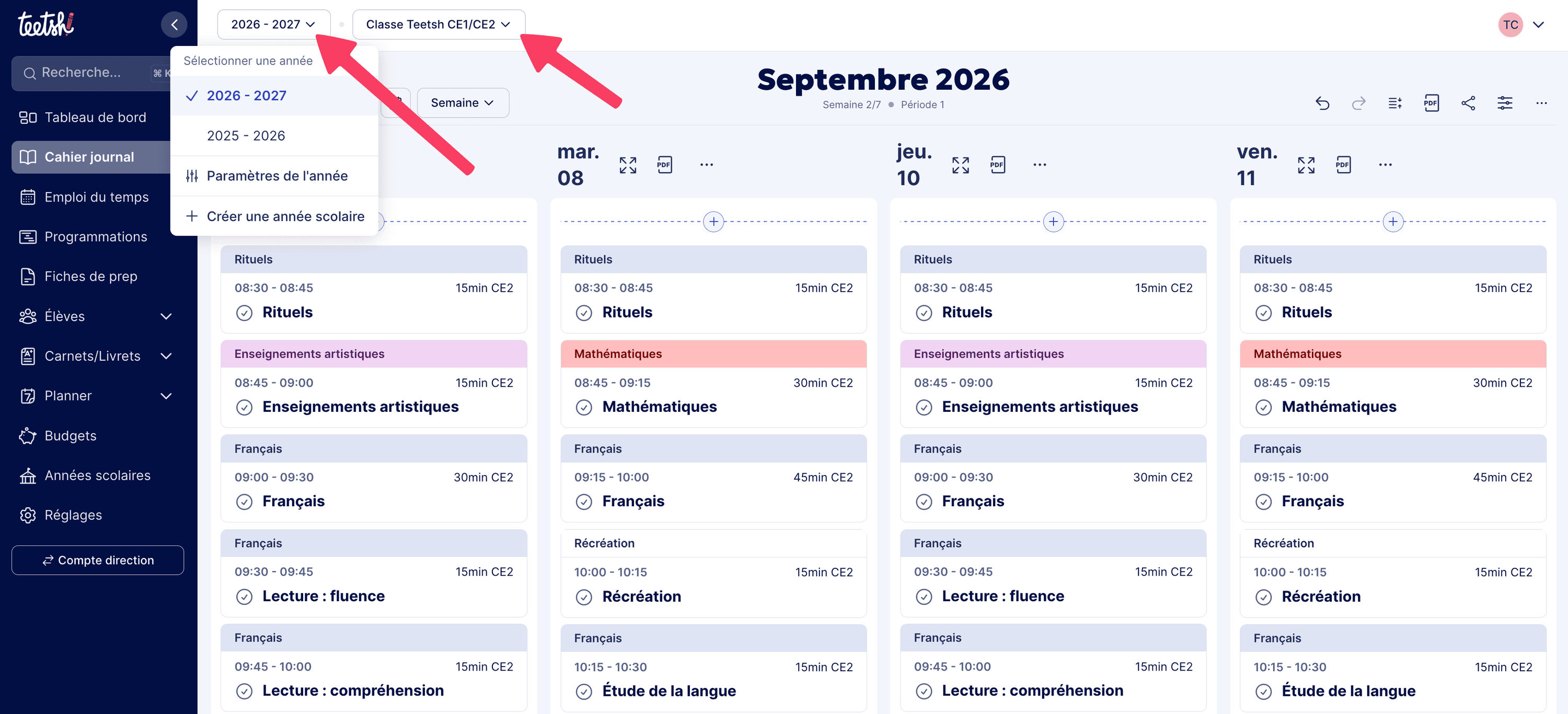 Sélection de l’année scolaire et/ou de classe pour retrouver d’anciens contenus
