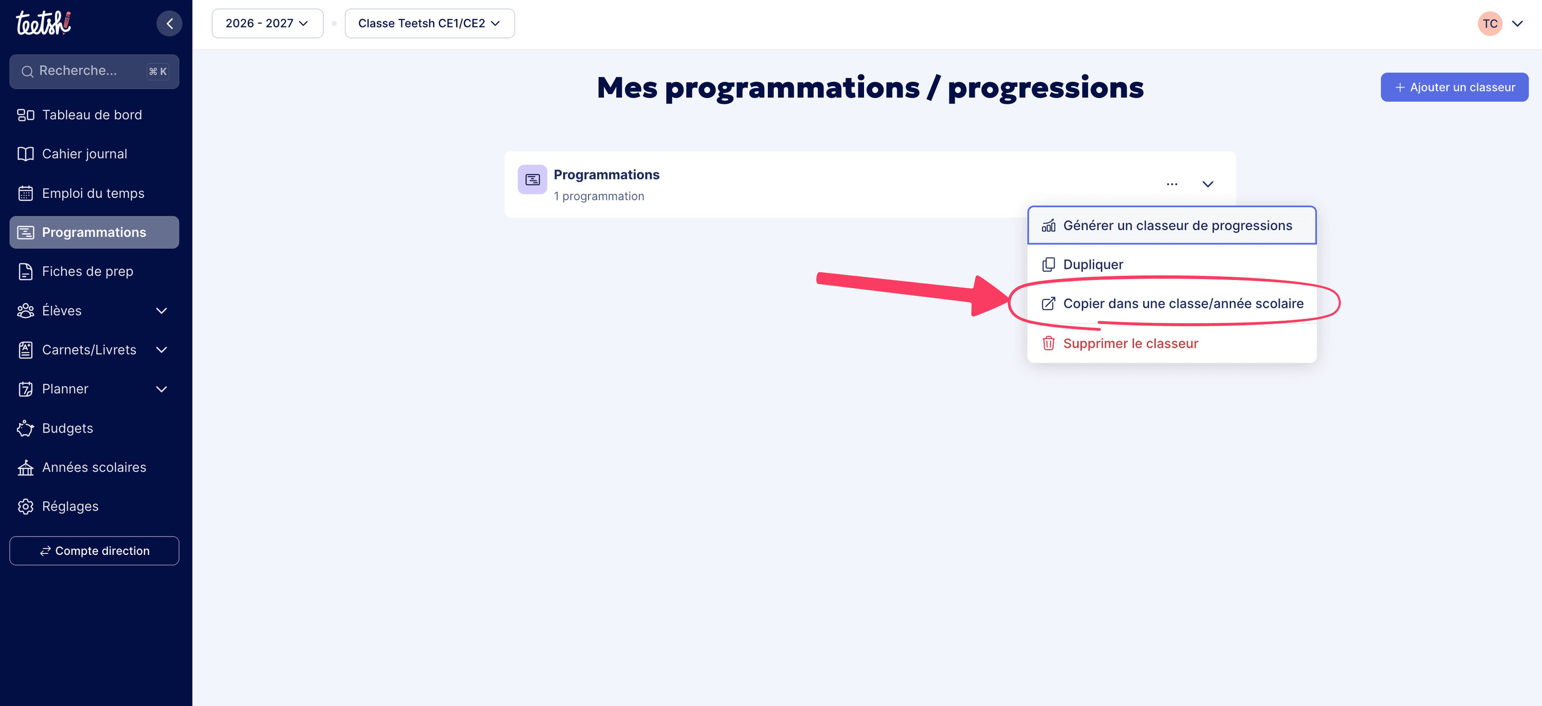 Cliquer sur “Copier dans une classe/année scolaire”