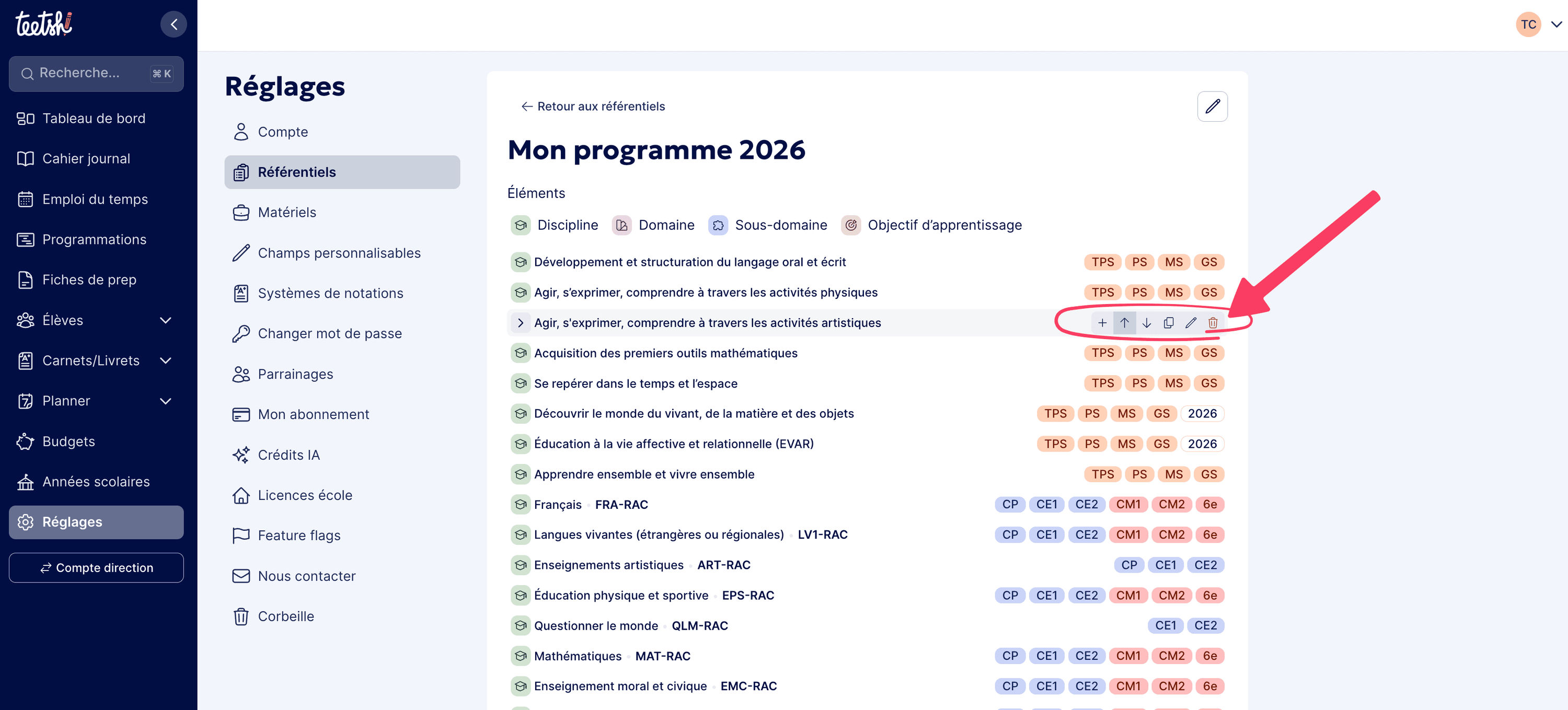 Affichage des actions disponibles au survol d’une ligne