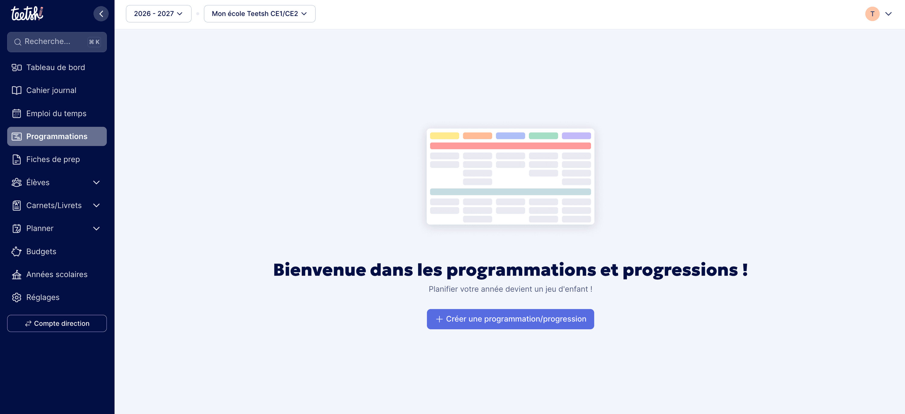 Écran de bienvenue du module programmations