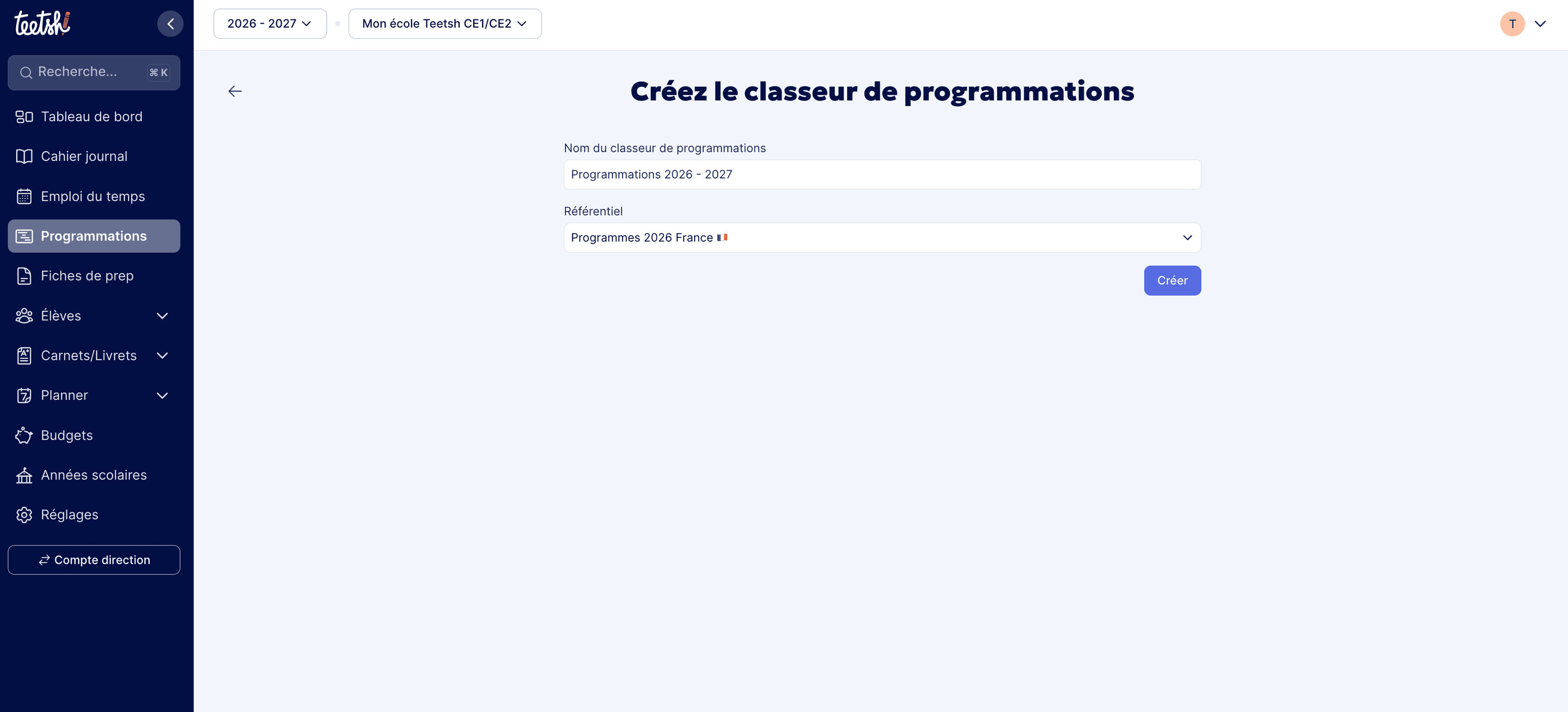 Écran de création d'un classeur de programmation
