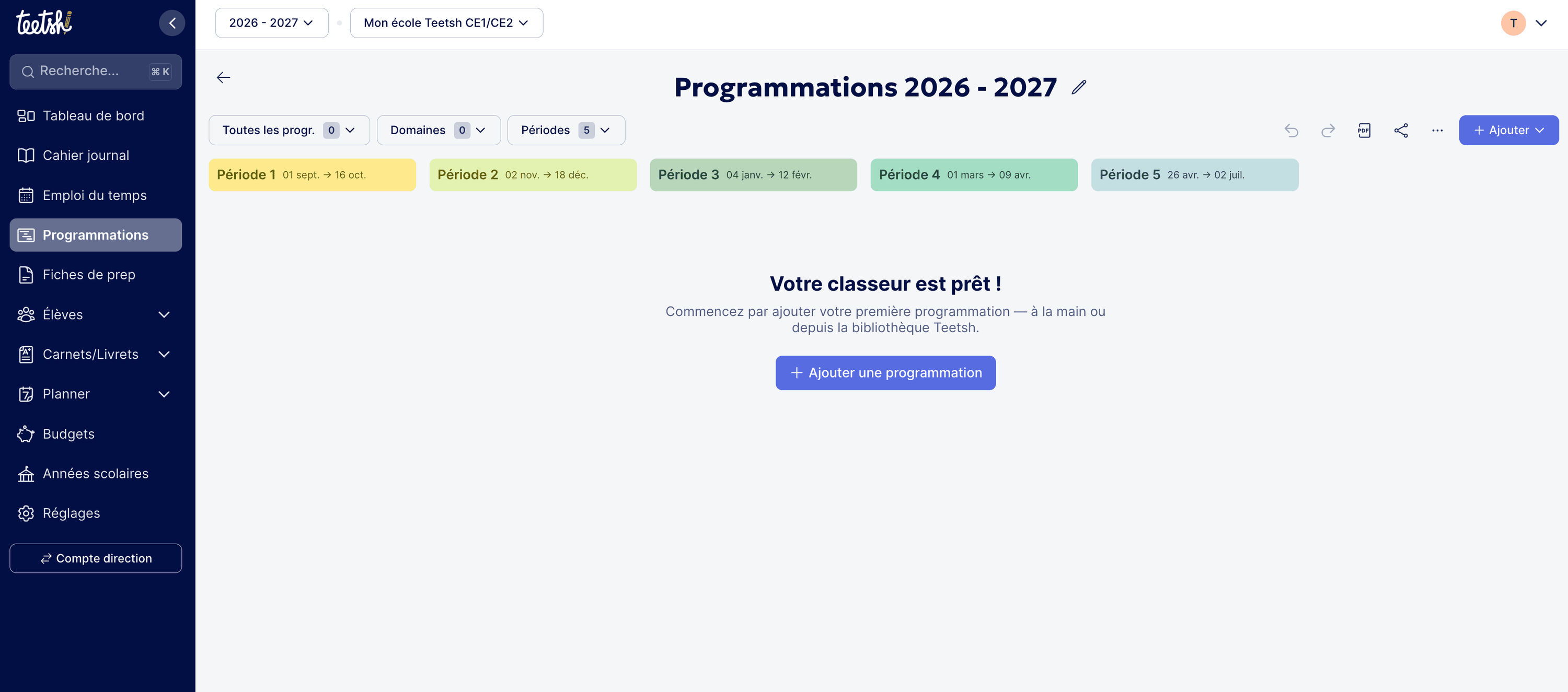 Écran de création d'une programmation