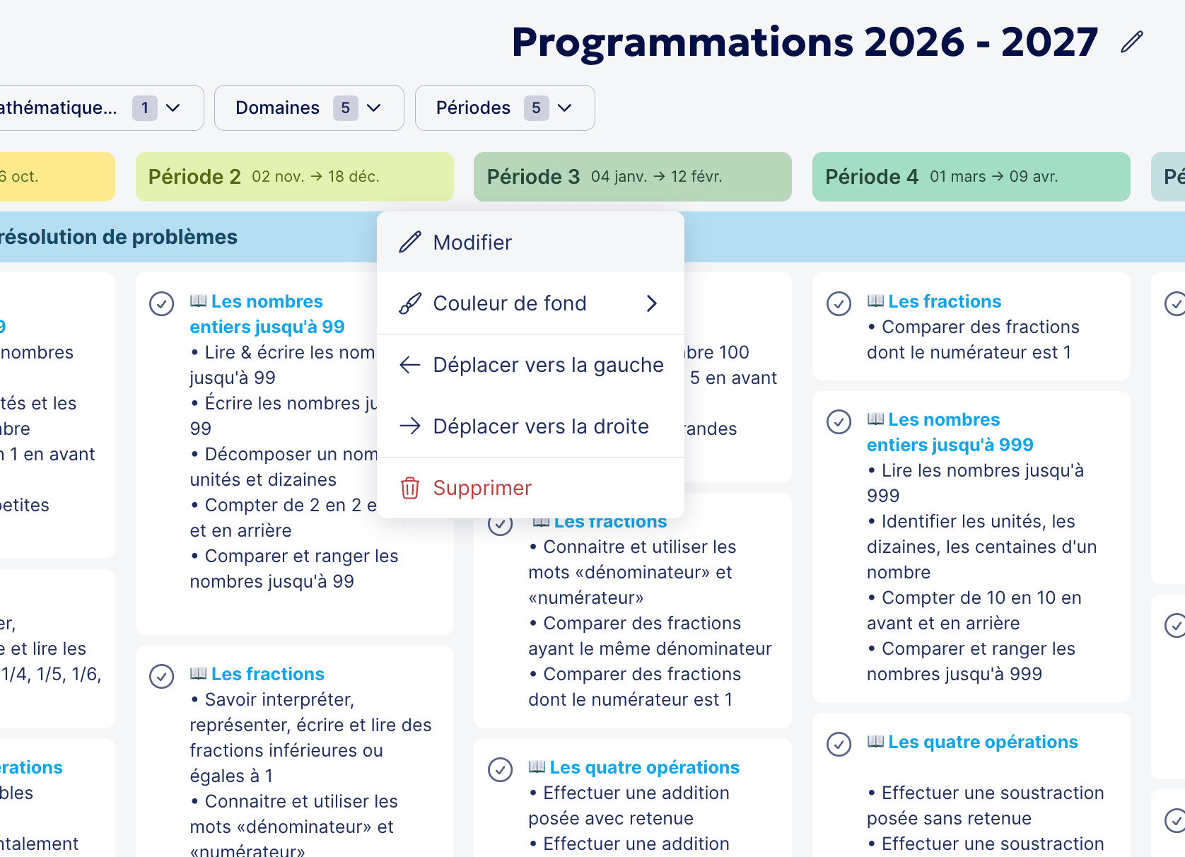 Barre d'outils pour modifier une période
