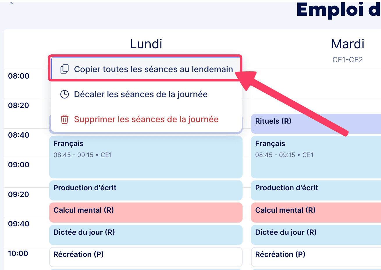 Copier toutes les séances au lendemain