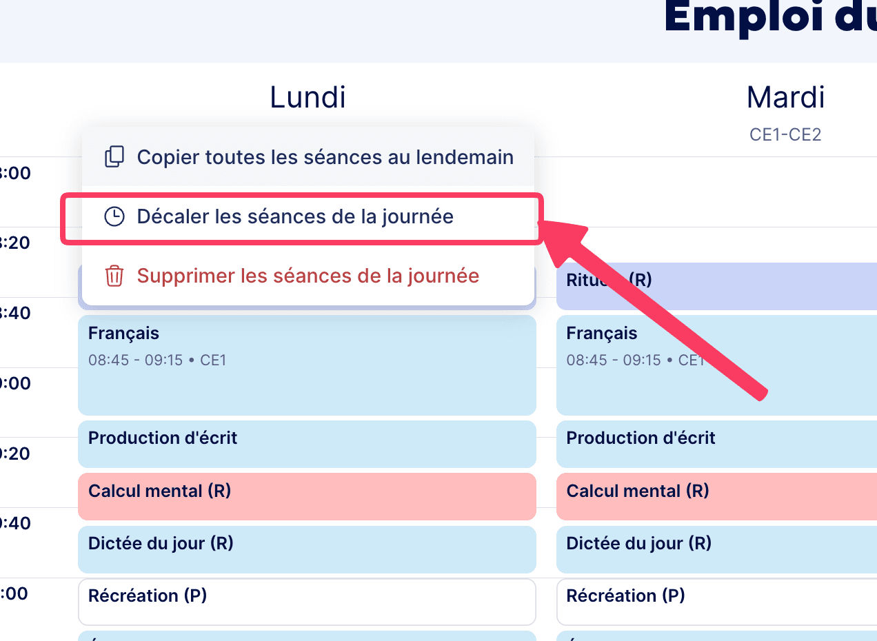 Décaler les séances de la journée