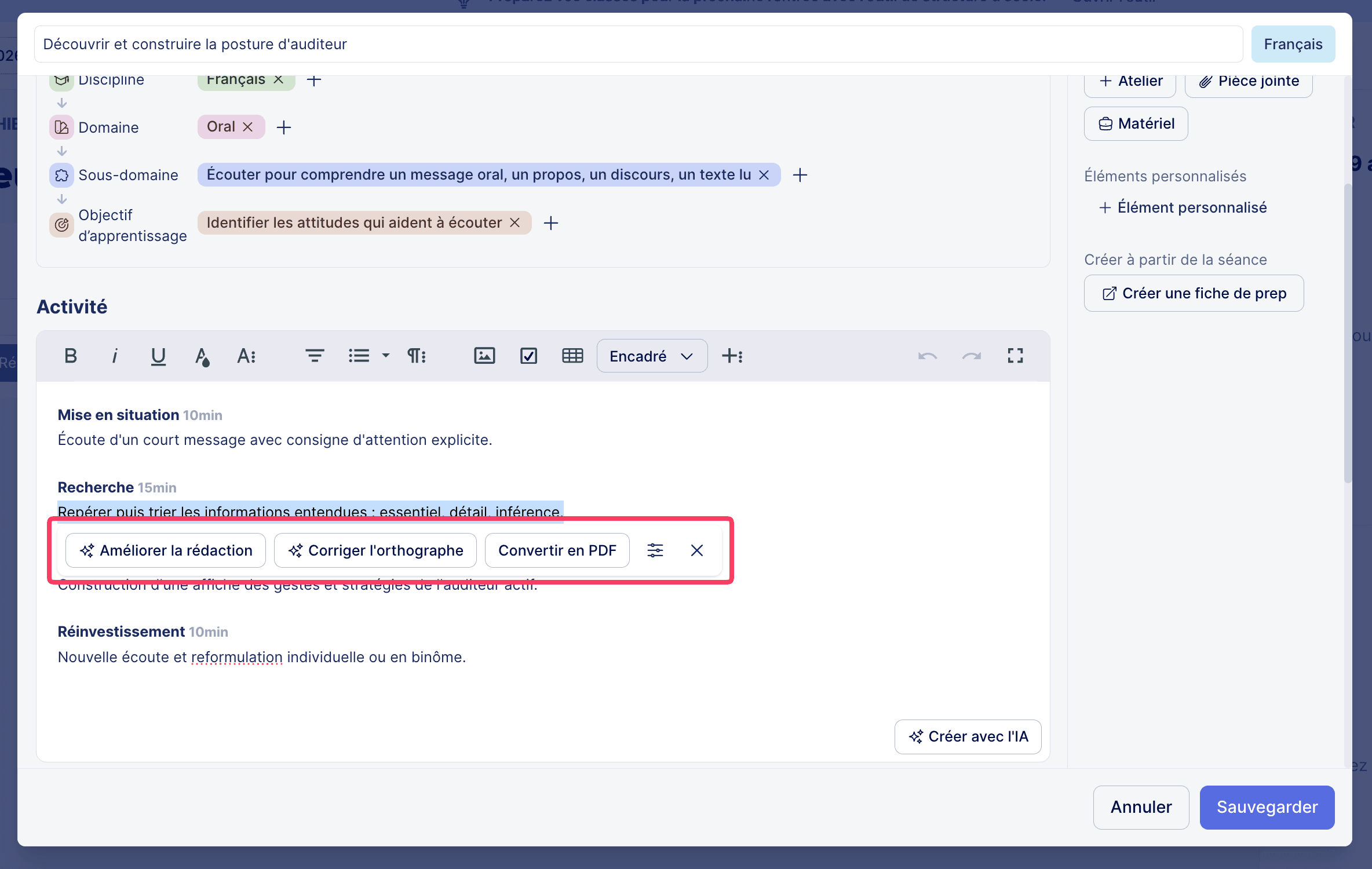 Actions contextuelles dans le Cahier journal