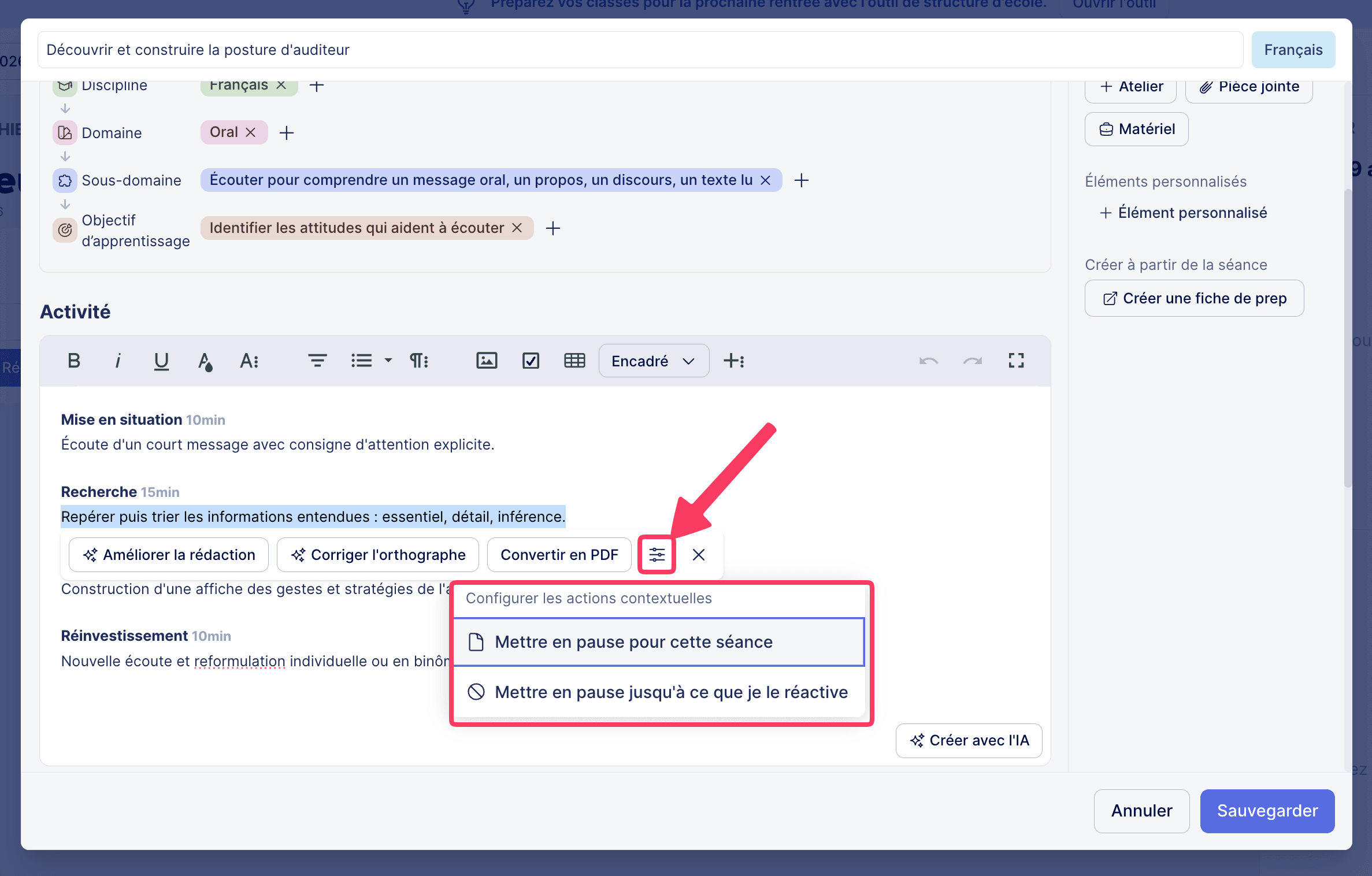 Configurer les actions contextuelles