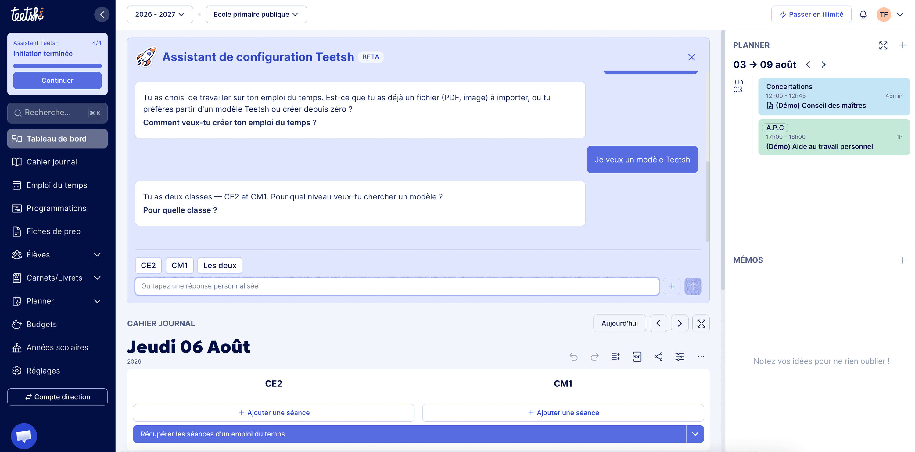 Assistant de configuration sur Teetsh