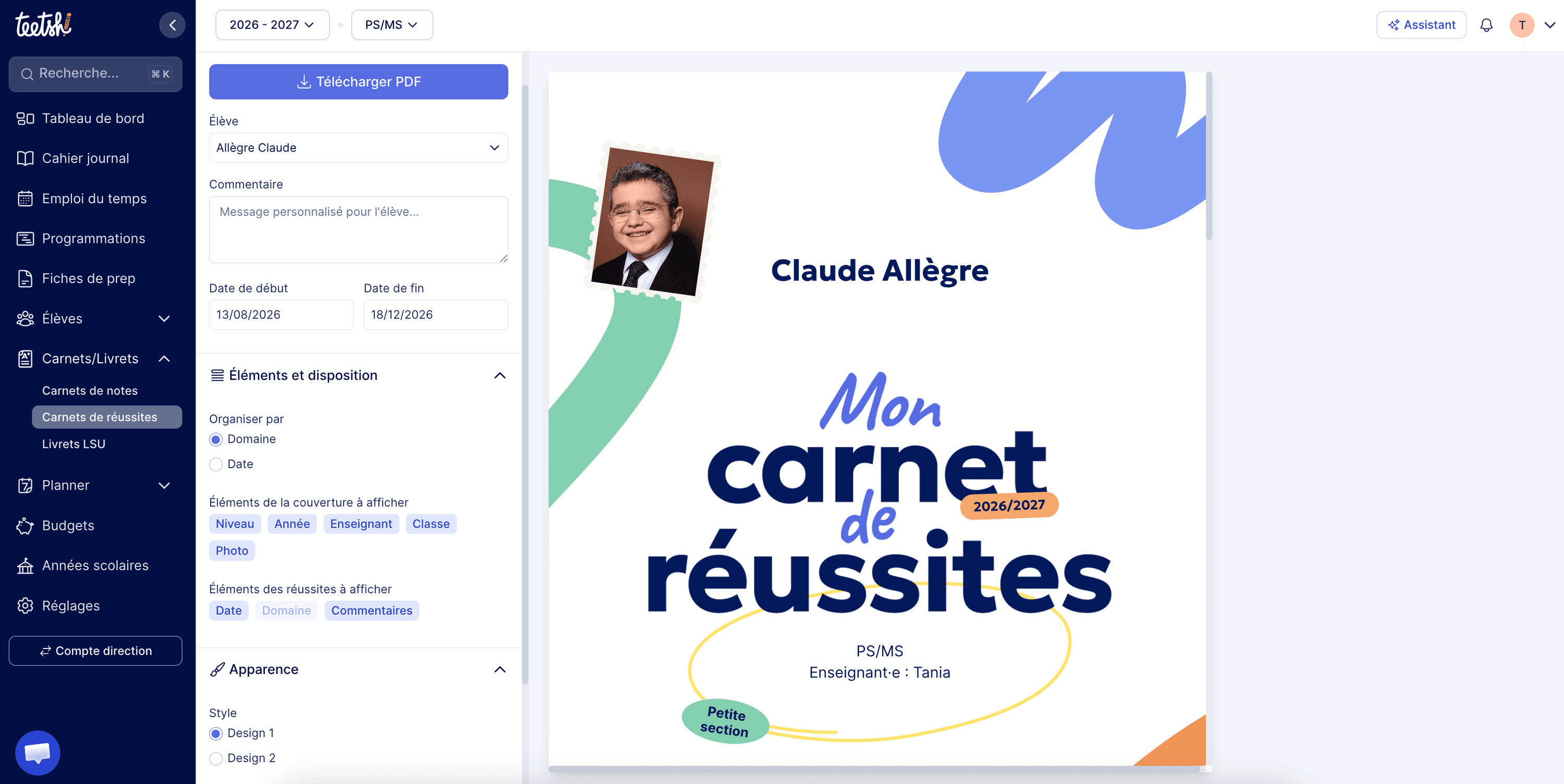 Personnaliser et télécharger le carnet de réussites